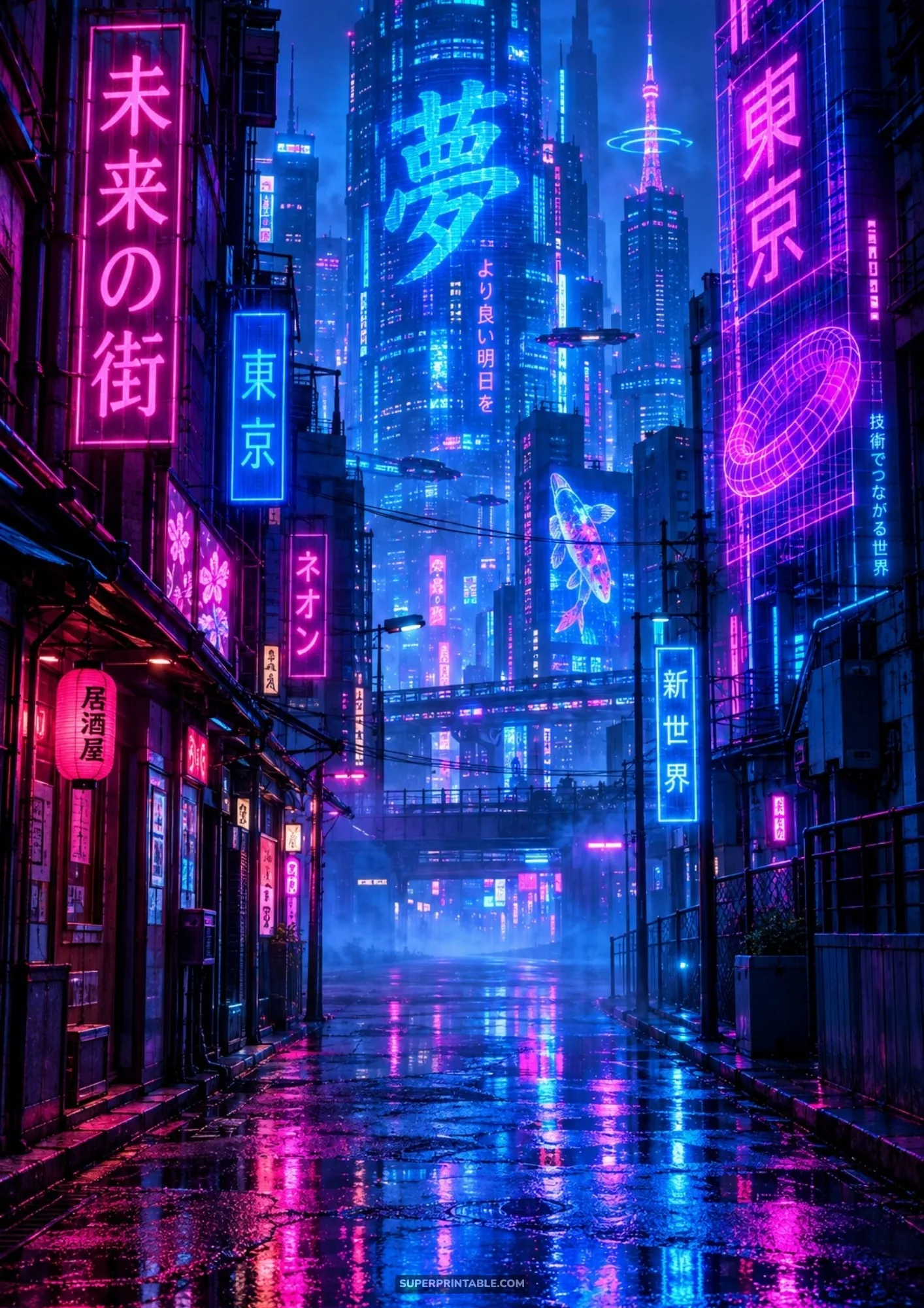 Vibrant cyberpunk neon backgrounds depicting a futuristic Tokyo street with glowing Japanese signs and wet road