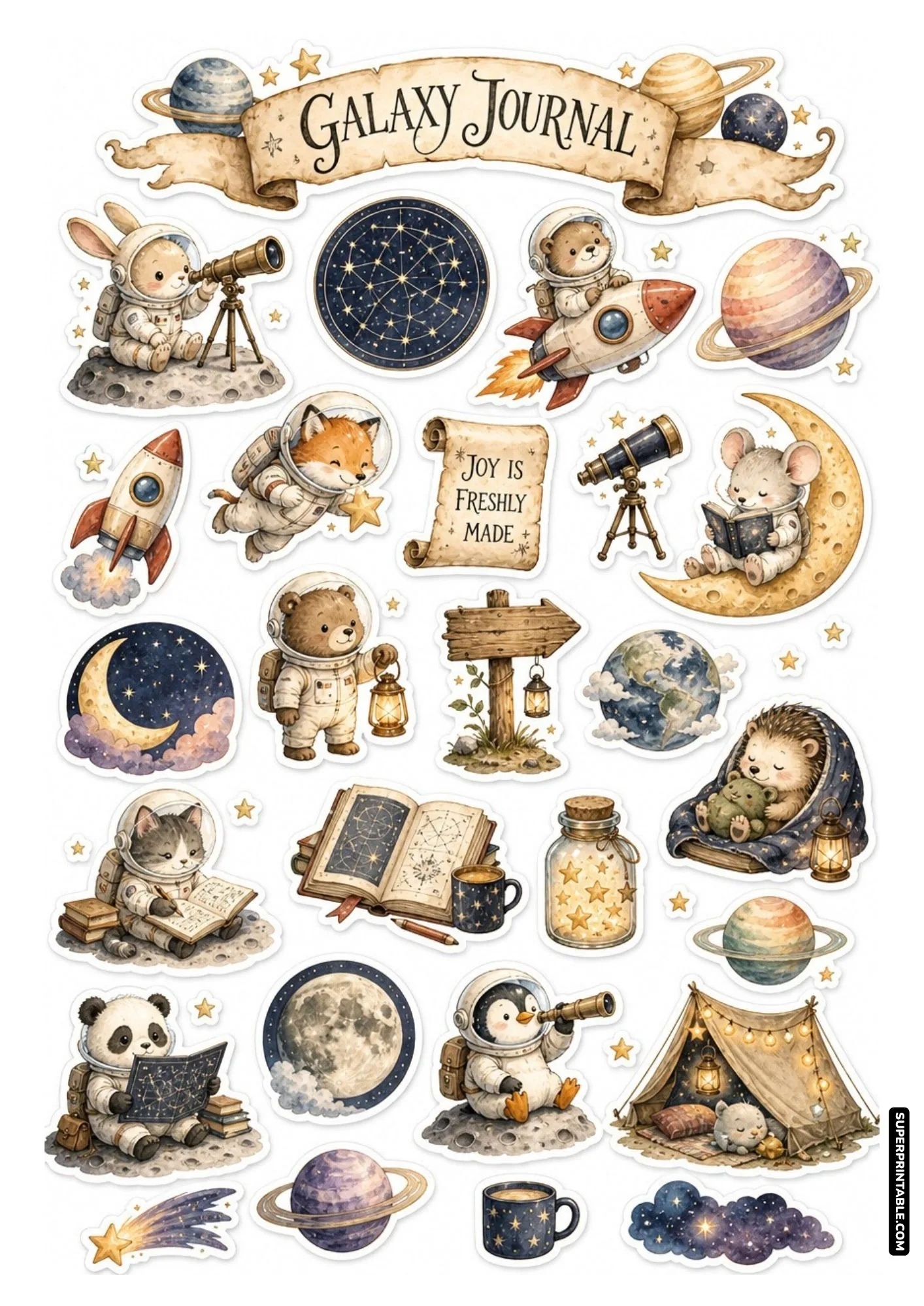 Printable space exploration sticker sheets featuring cute animal astronauts, planets, and rockets.