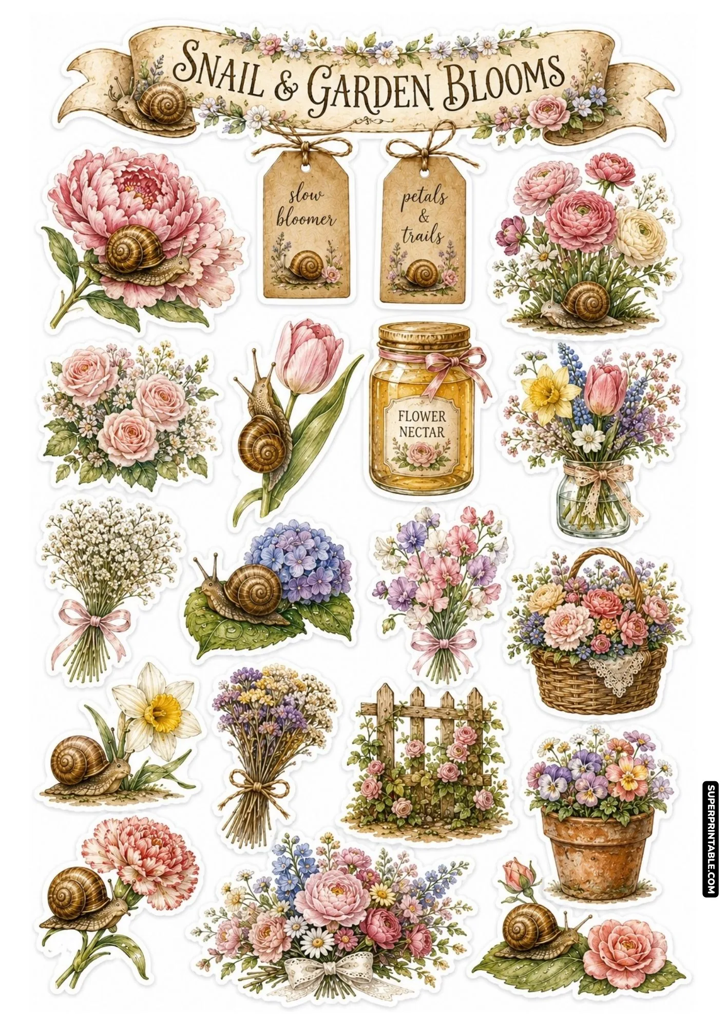 Lush floral sticker sheet with garden snails resting on peonies, tulips, and flower nectar jars.