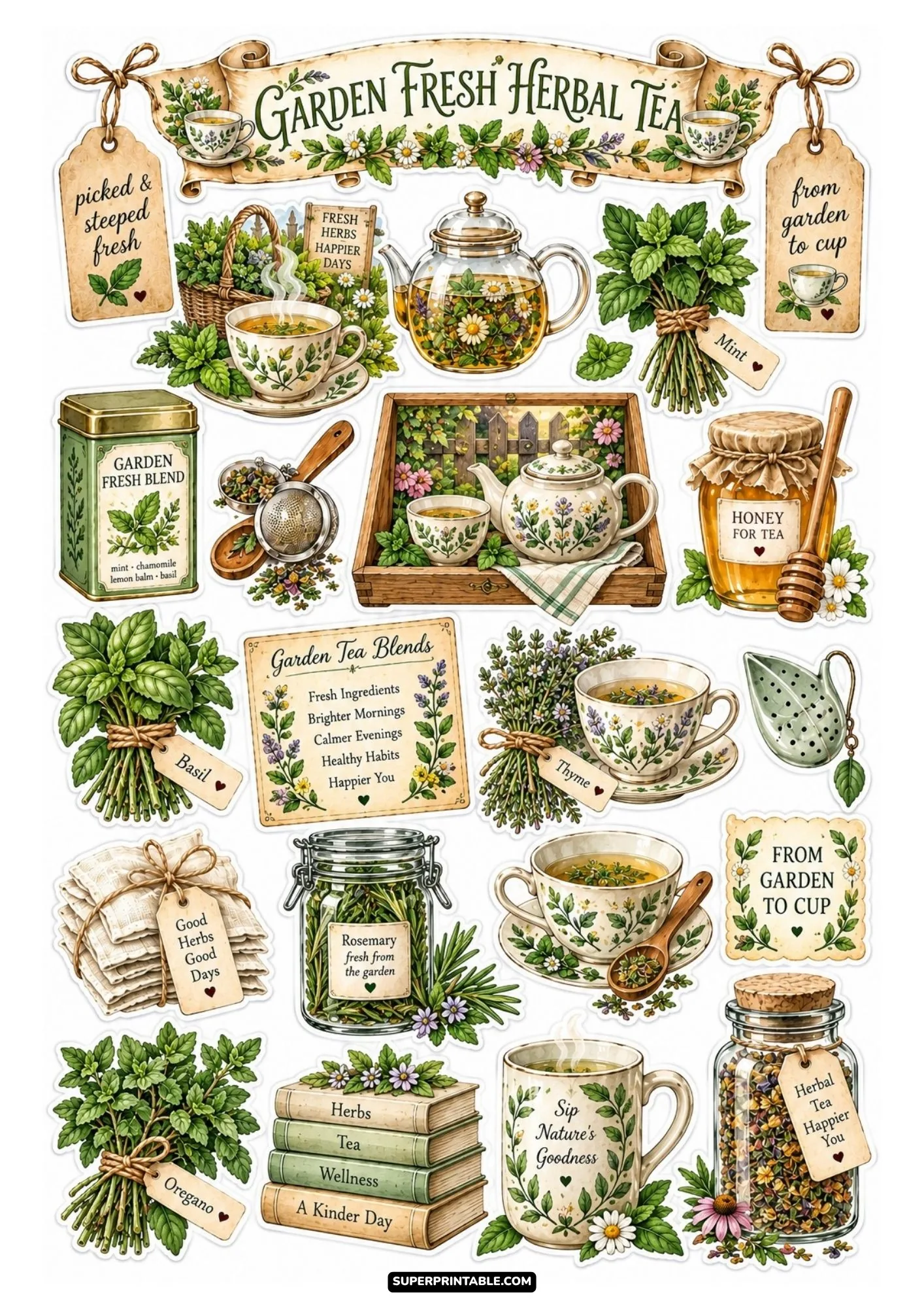 Garden fresh herbal tea sticker sheet featuring fresh mint, basil, rosemary jars, and herb tea graphics.