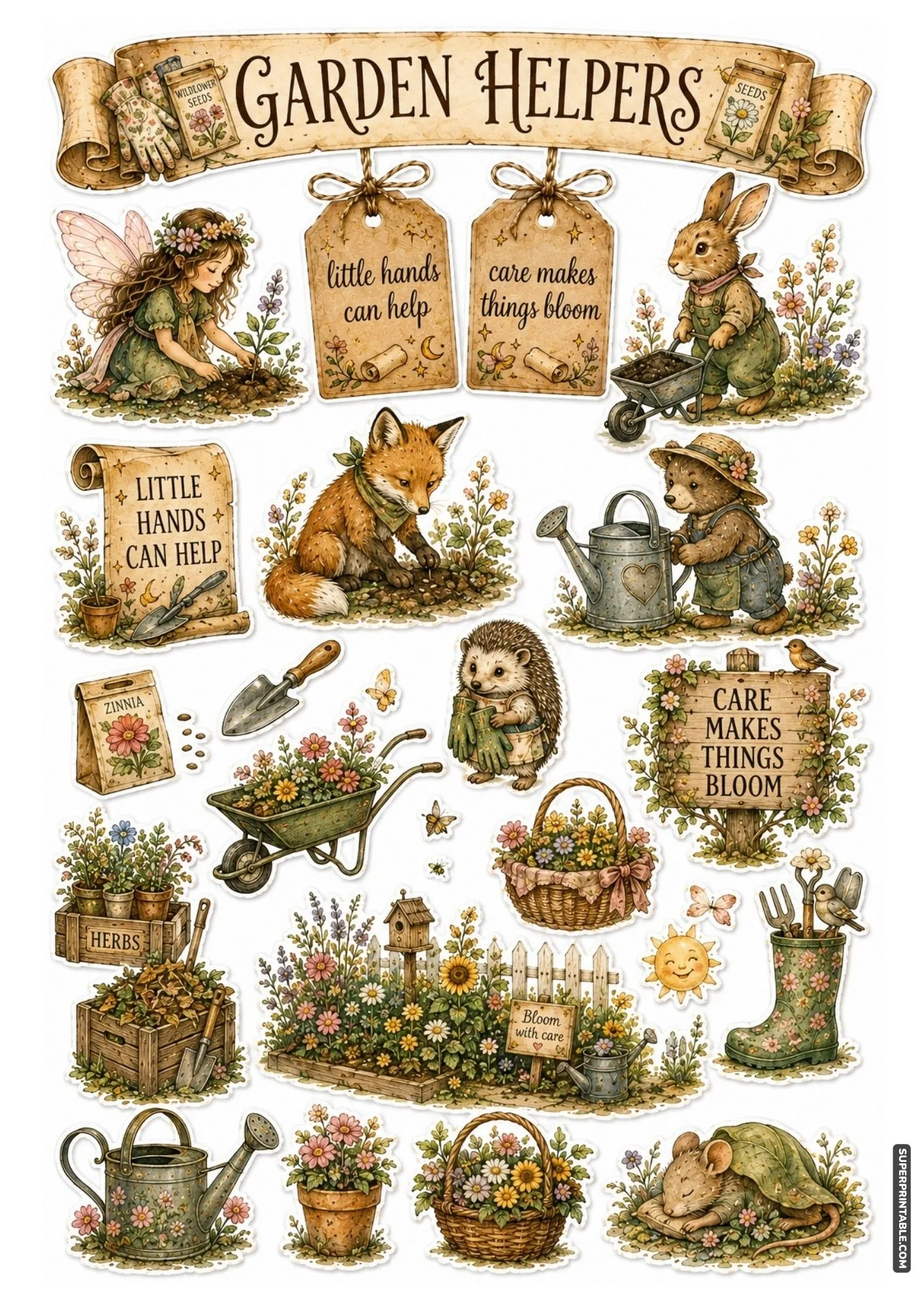 Whimsical garden helper stickers featuring bunnies in overalls and seed packets.