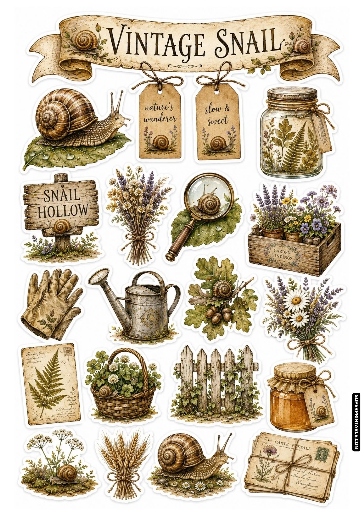 High quality garden snail sticker sheets collection featuring assorted rustic watercolor printable designs.