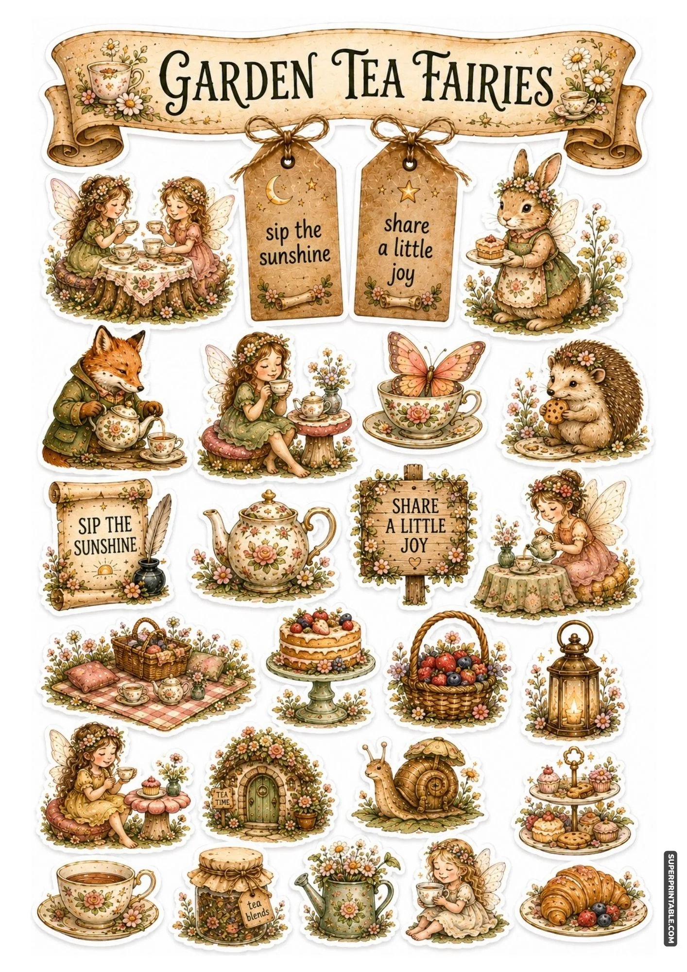 Cozy garden tea party sticker sheet with teacups, pastries, and fairy friends.