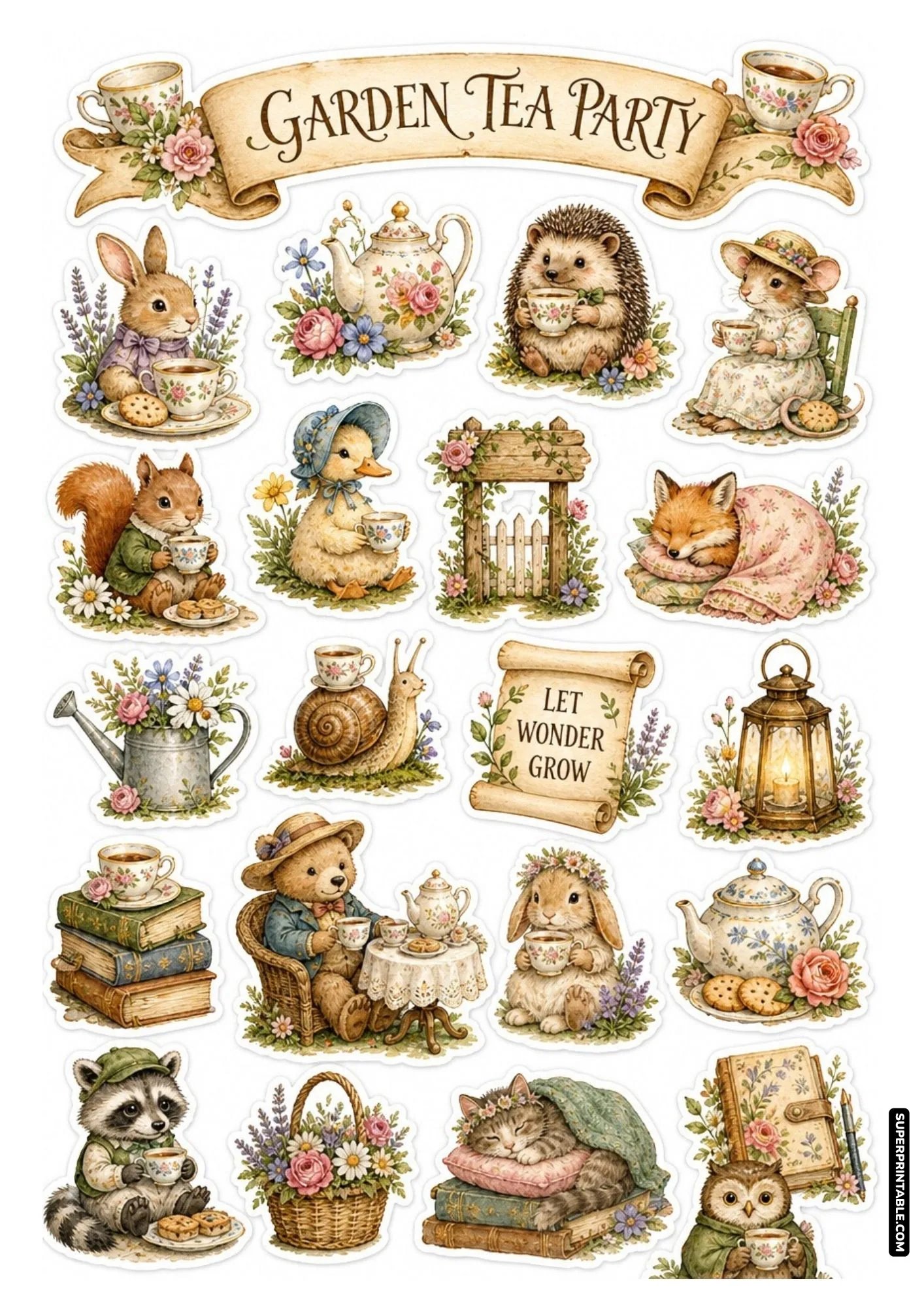 Tea time critters printable stickers sheet with woodland animals having a vintage garden tea party.