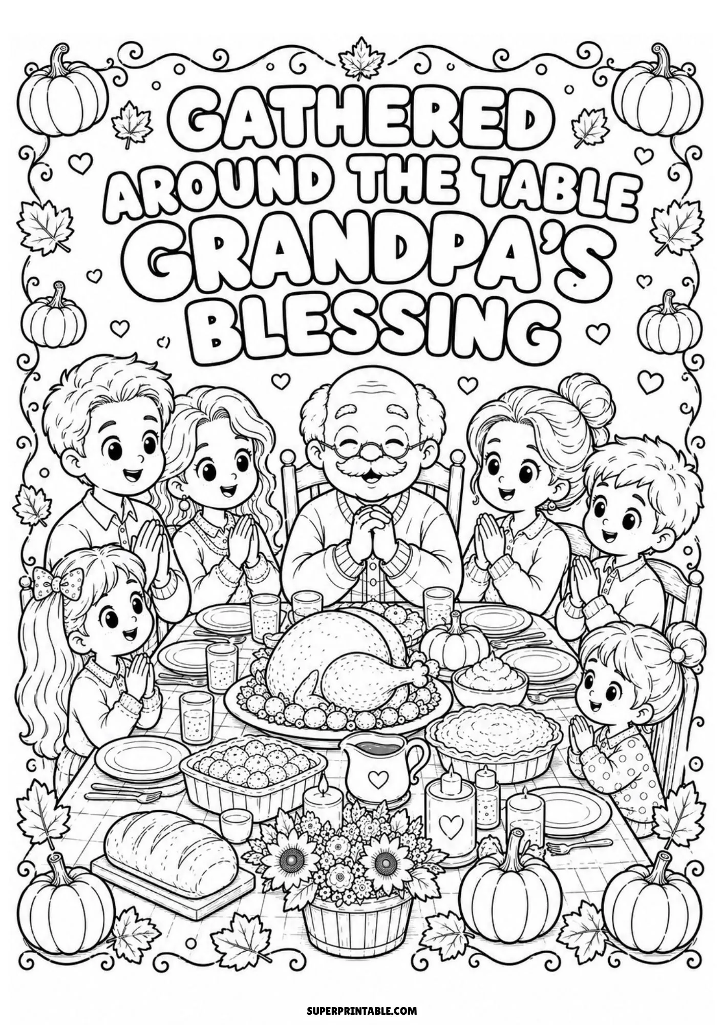 Family praying together around a feast table filled with roast turkey and pies.