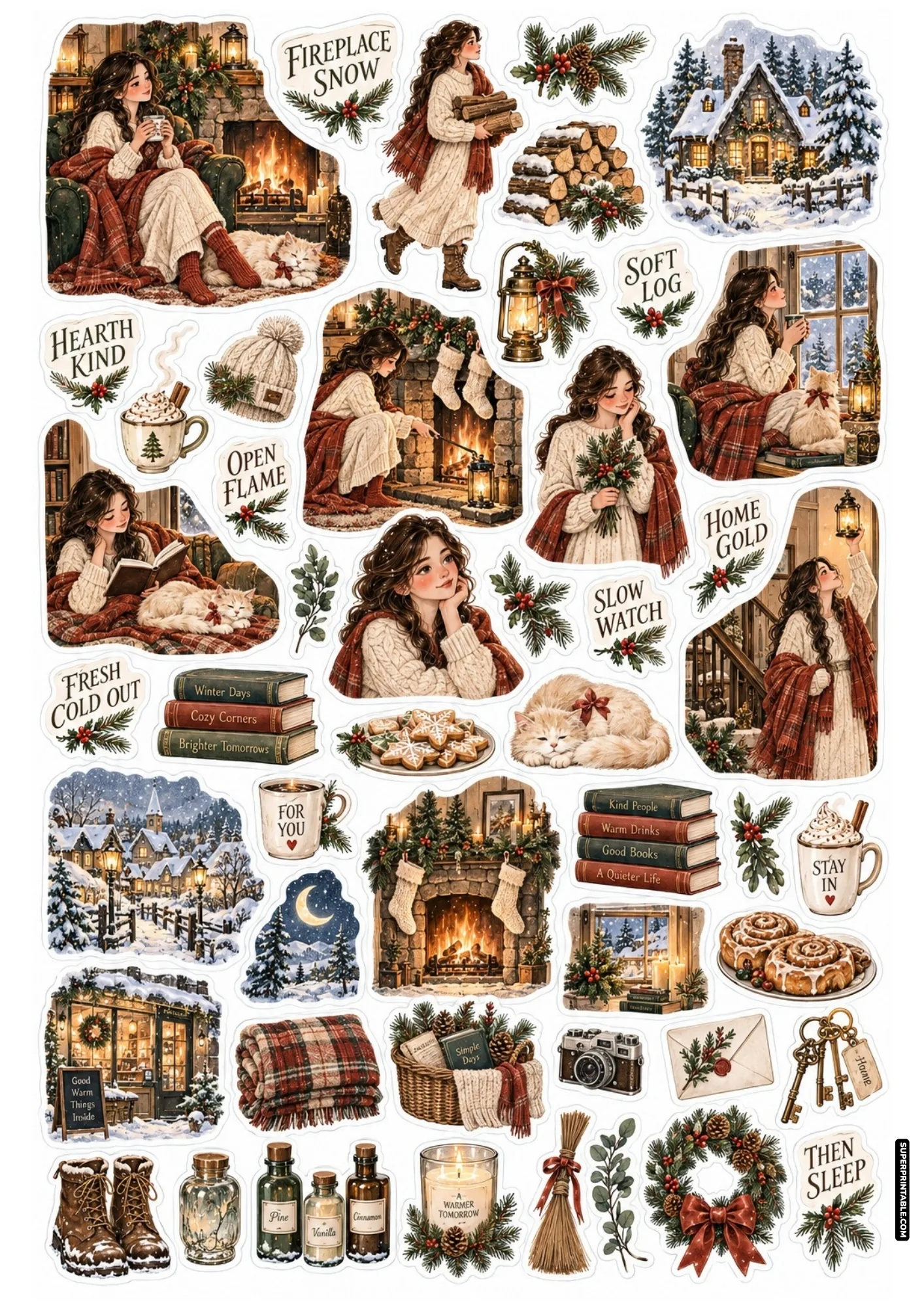 Rustic winter hearth stickers featuring bundles of split firewood, glowing fireplace embers, and cozy knit shawls.