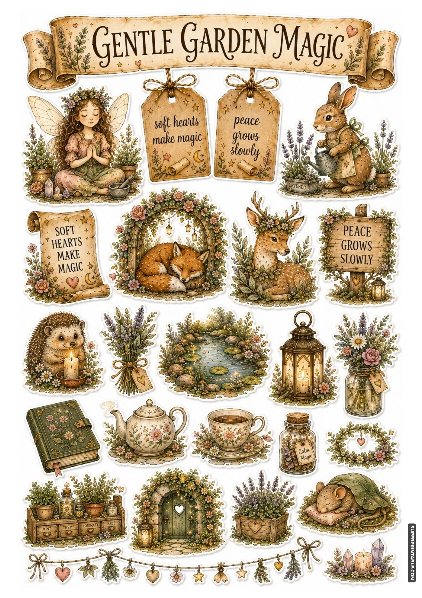 Peaceful garden magic sticker sheet with lavender herbs and quiet water ponds.