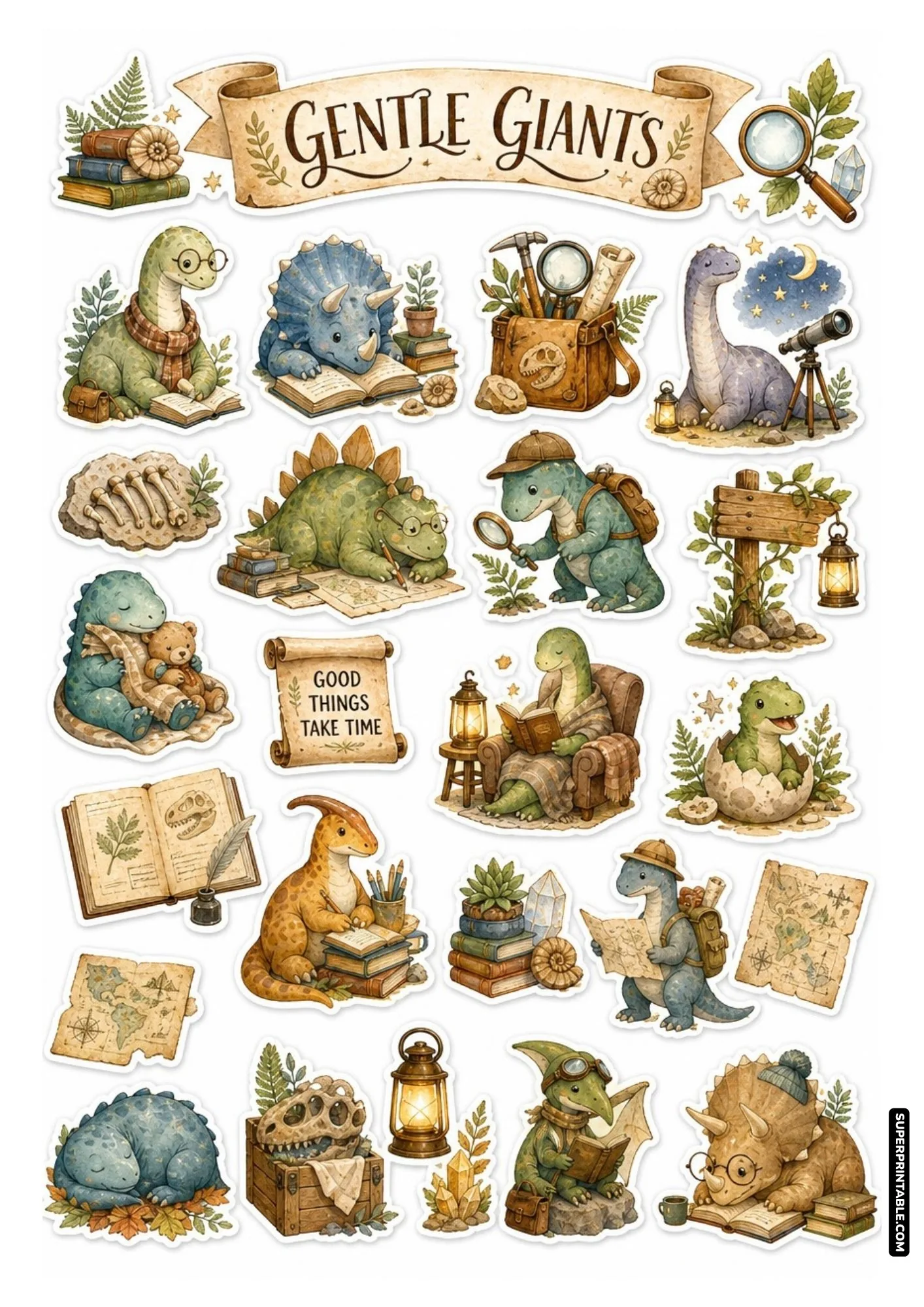Gentle giants sticker sheet displaying long-neck dinosaurs reading near stargazing telescopes.