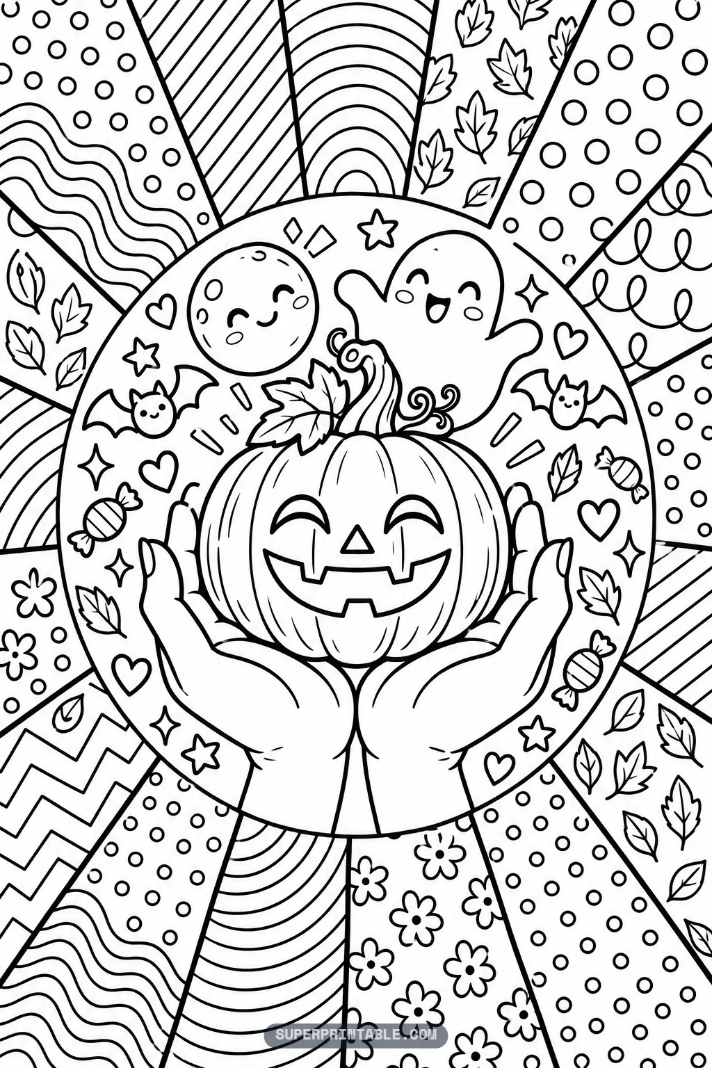 Halloween pop art coloring pages design of hands holding a carved pumpkin alongside a flying ghost