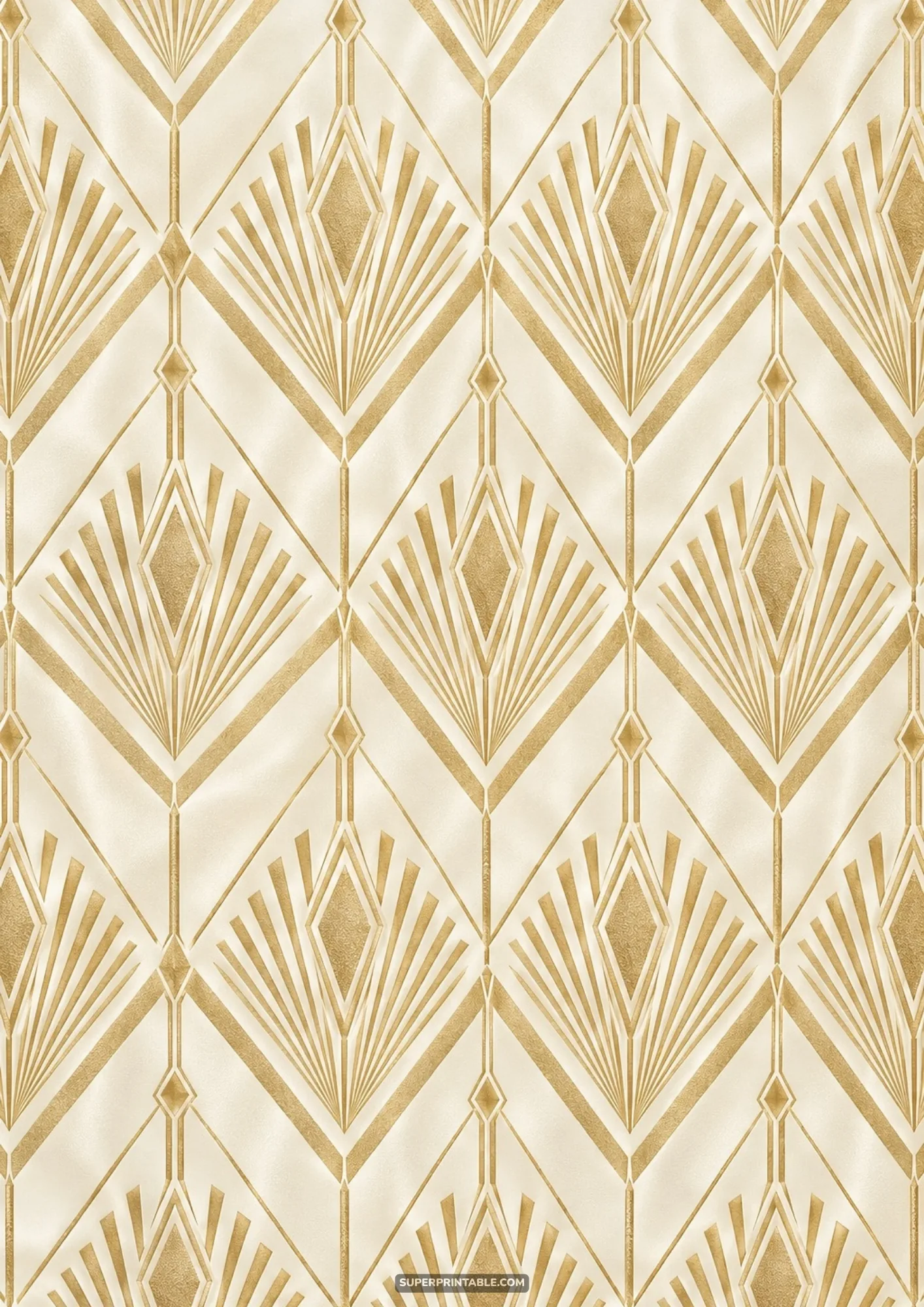 Ornate gold diamond lattice with radiating fan rays across an ivory silk background