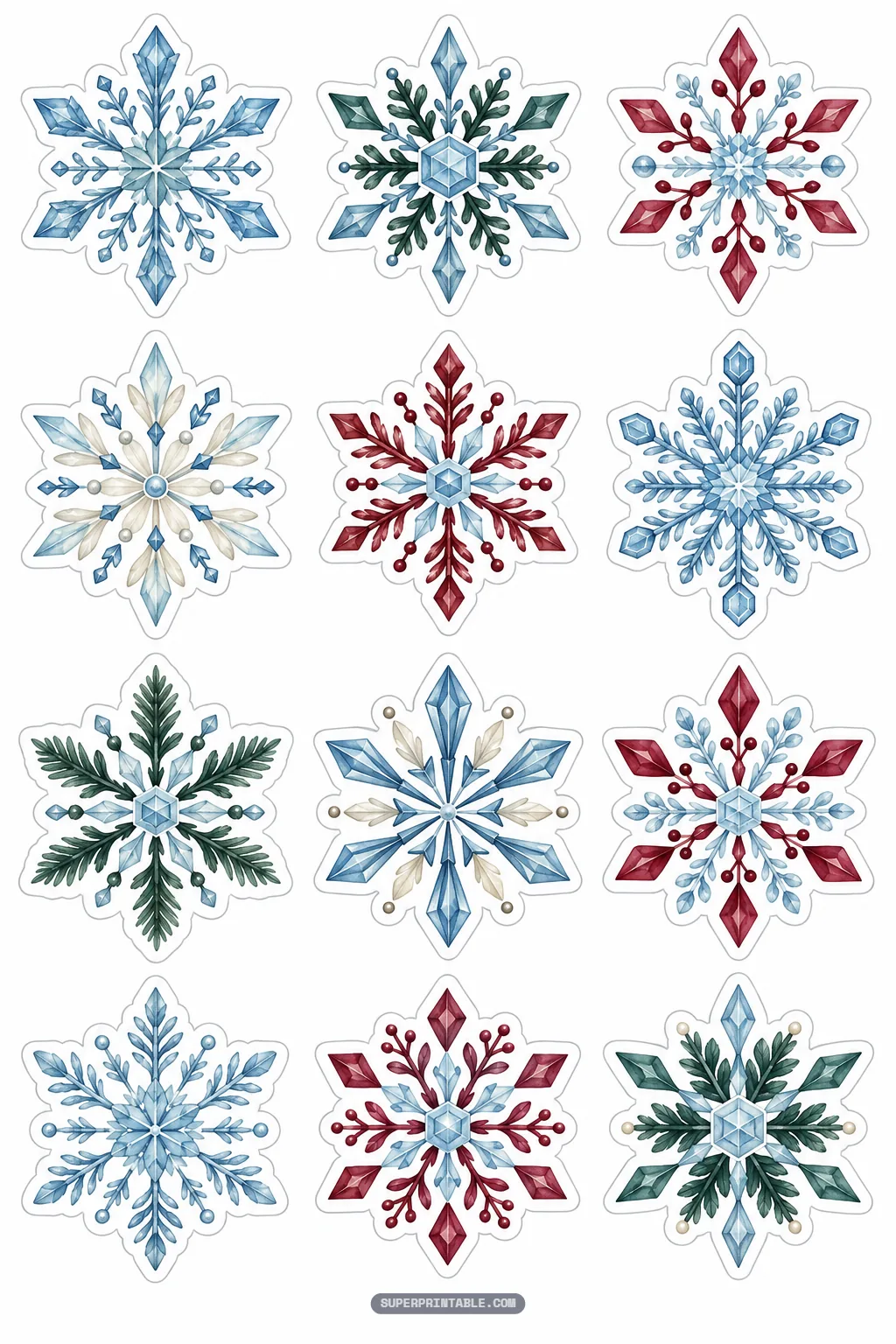 Detailed geometric snowflake stickers illustrated in icy blue, pine green, and ruby red crystal patterns