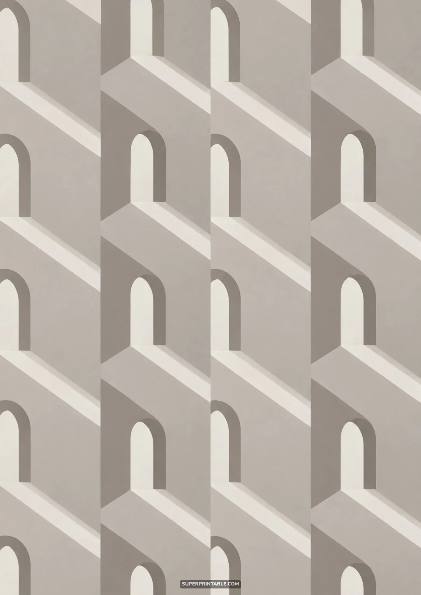 Geometric repeating pattern of neutral architectural arches, staircases, and diagonal casting shadow planes
