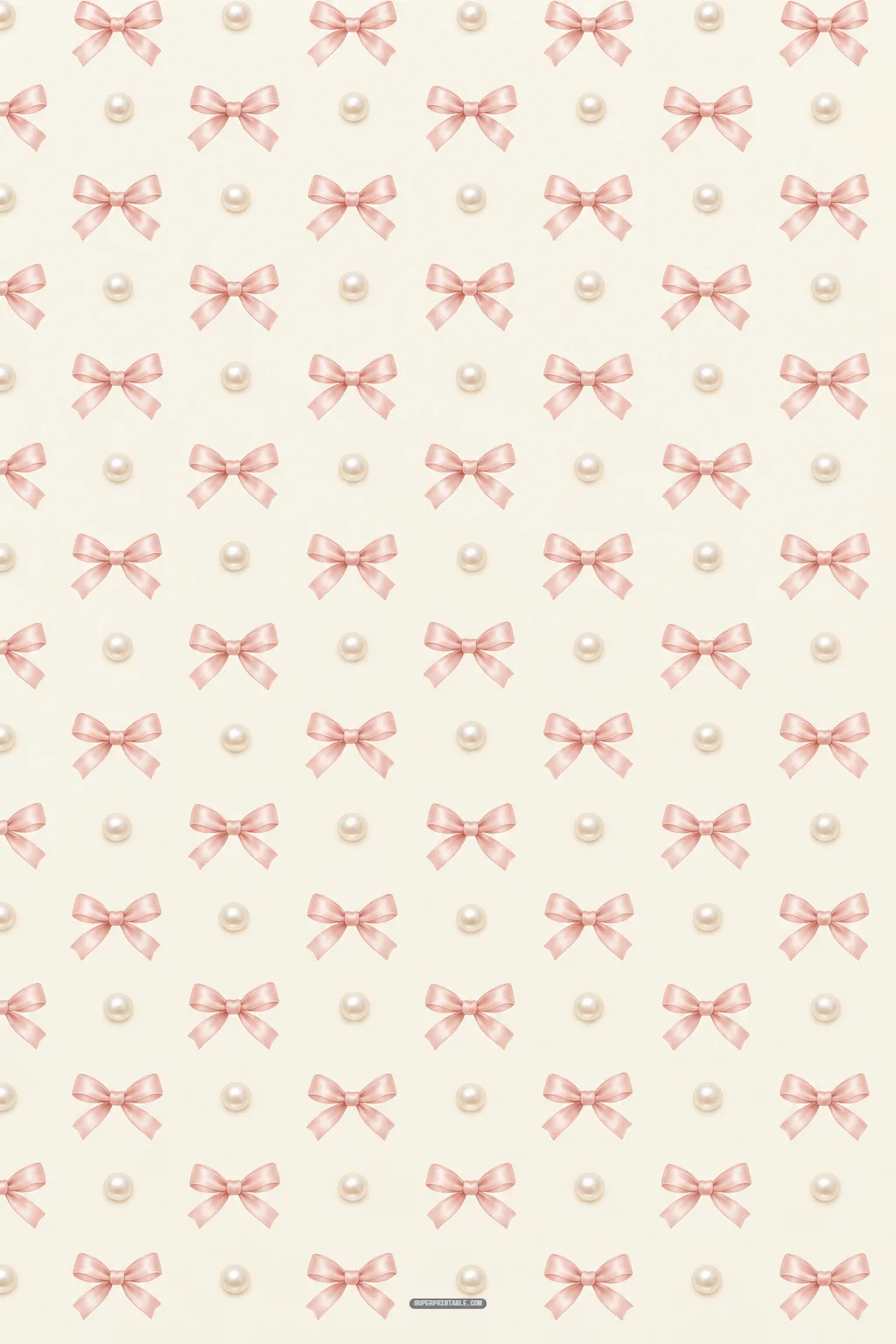 Minimalist orderly grid pattern of alternating dainty pink satin bows and glossy cream pearl beads