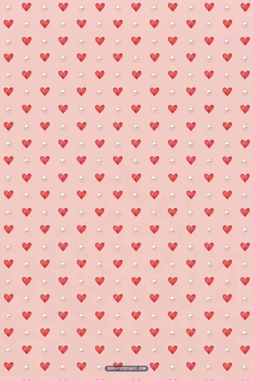 Neat geometric grid of alternating watercolor red hearts and glossy pearls on pastel pink