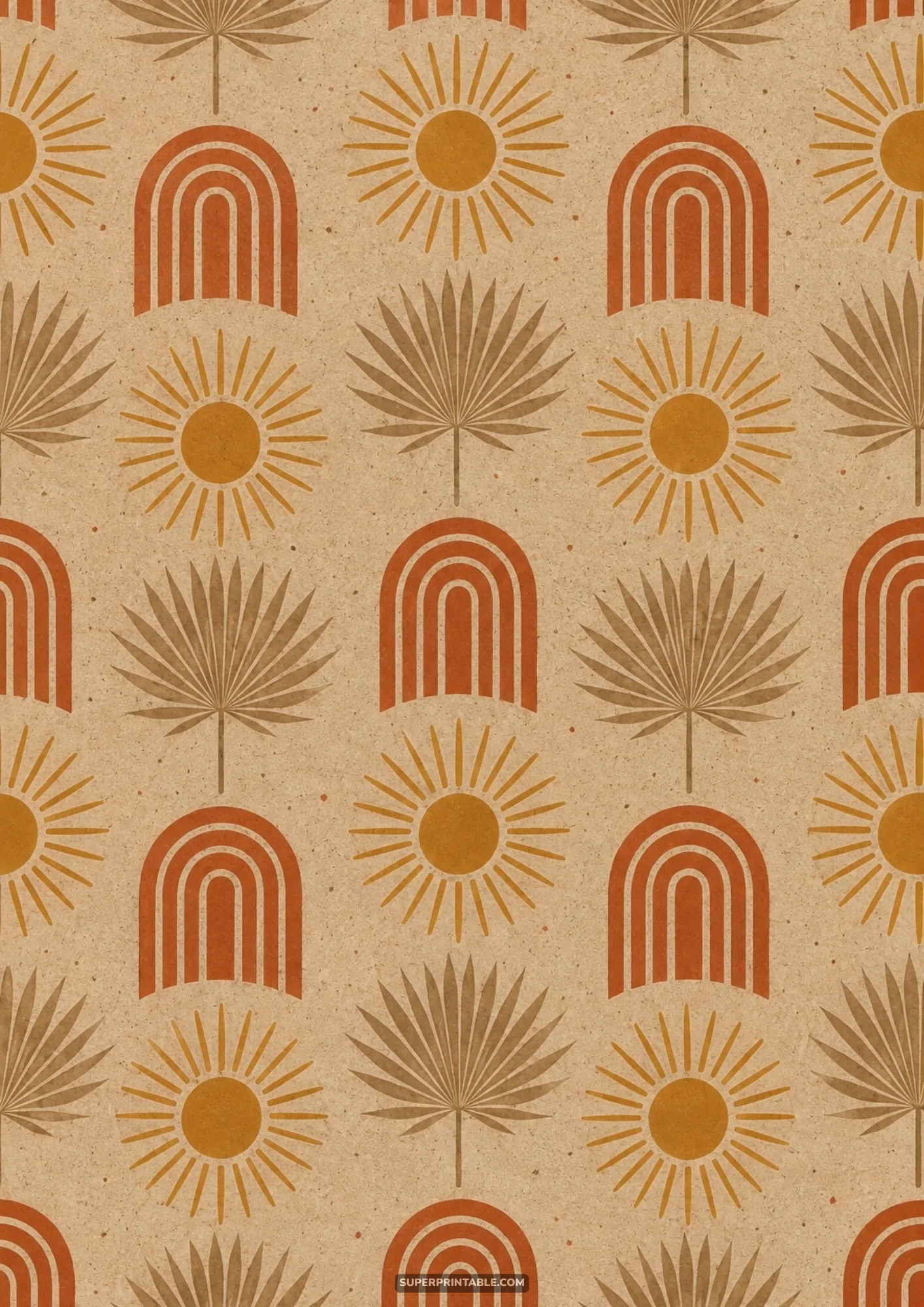 Retro bohemian seamless pattern with geometric sunbursts and arch motifs printed on kraft paper.