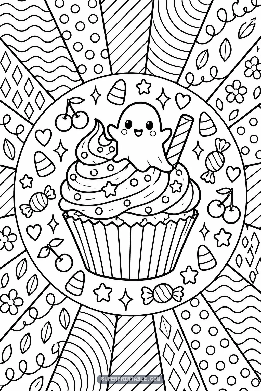 Festive Halloween cupcake with swirl frosting topped by a cute mini ghost and sprinkles on graphic rays