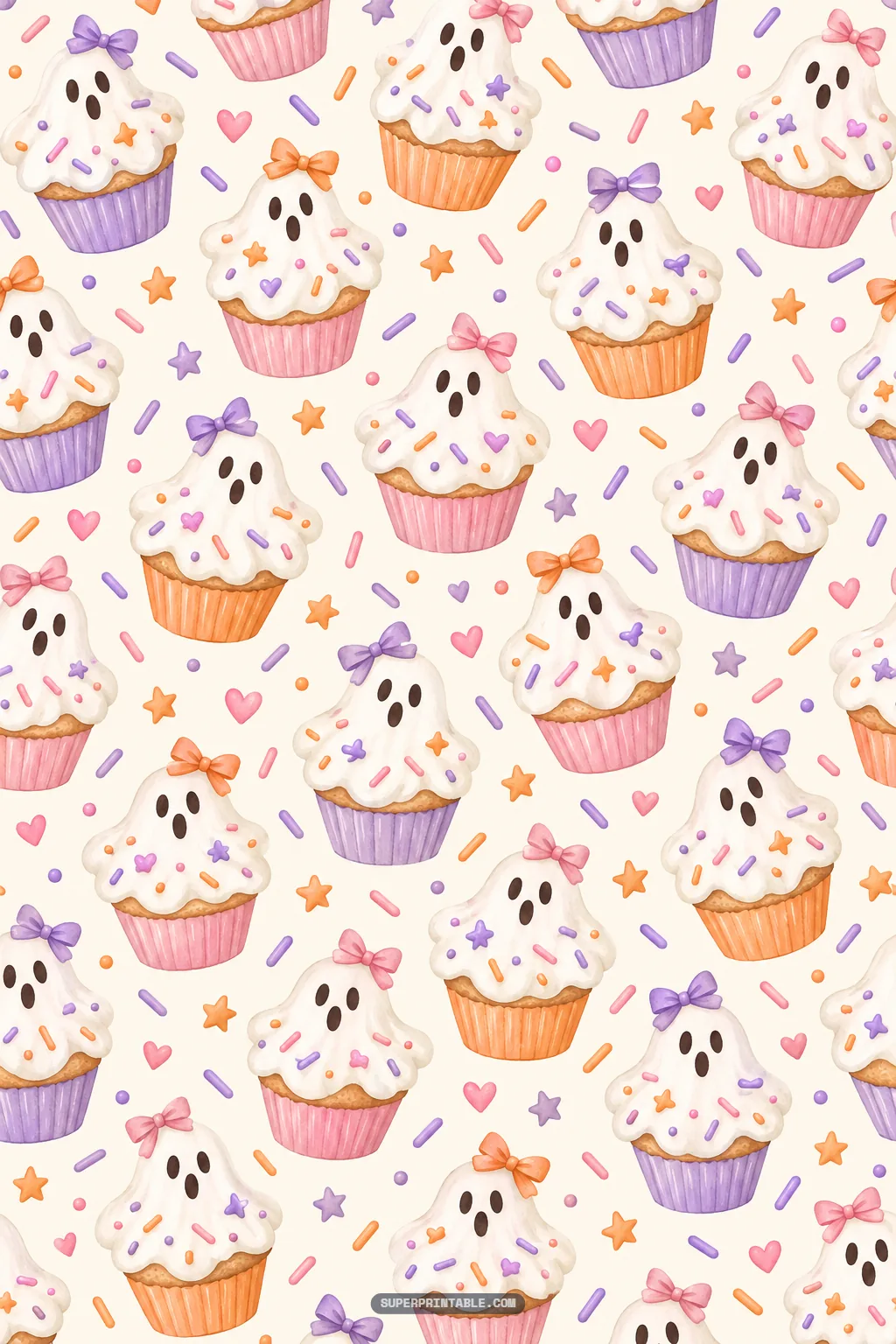 Spooky ghost cupcakes topped with whipped frosting bows and pastel sprinkles on cream paper