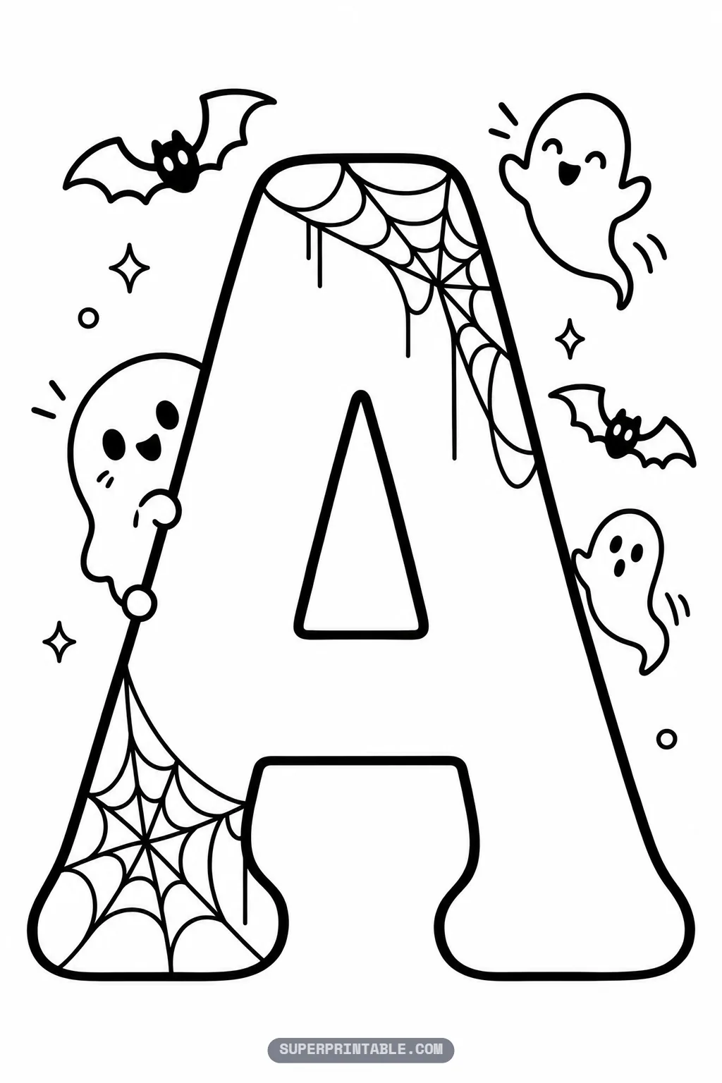 Printable halloween ghost alphabet coloring sheet with gothic letter A and smiling baby ghosts