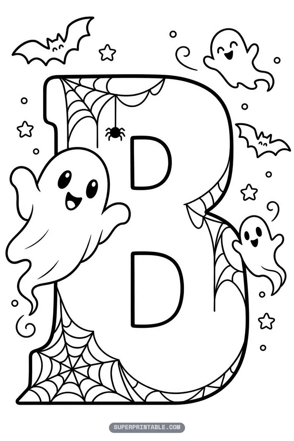 Gothic letter B on a printable halloween ghost alphabet coloring page with spiders and bats
