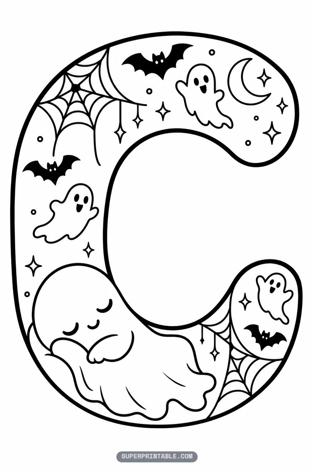 Gothic letter C coloring page with a sleeping baby ghost, crescent moon, bats, and delicate spiderwebs