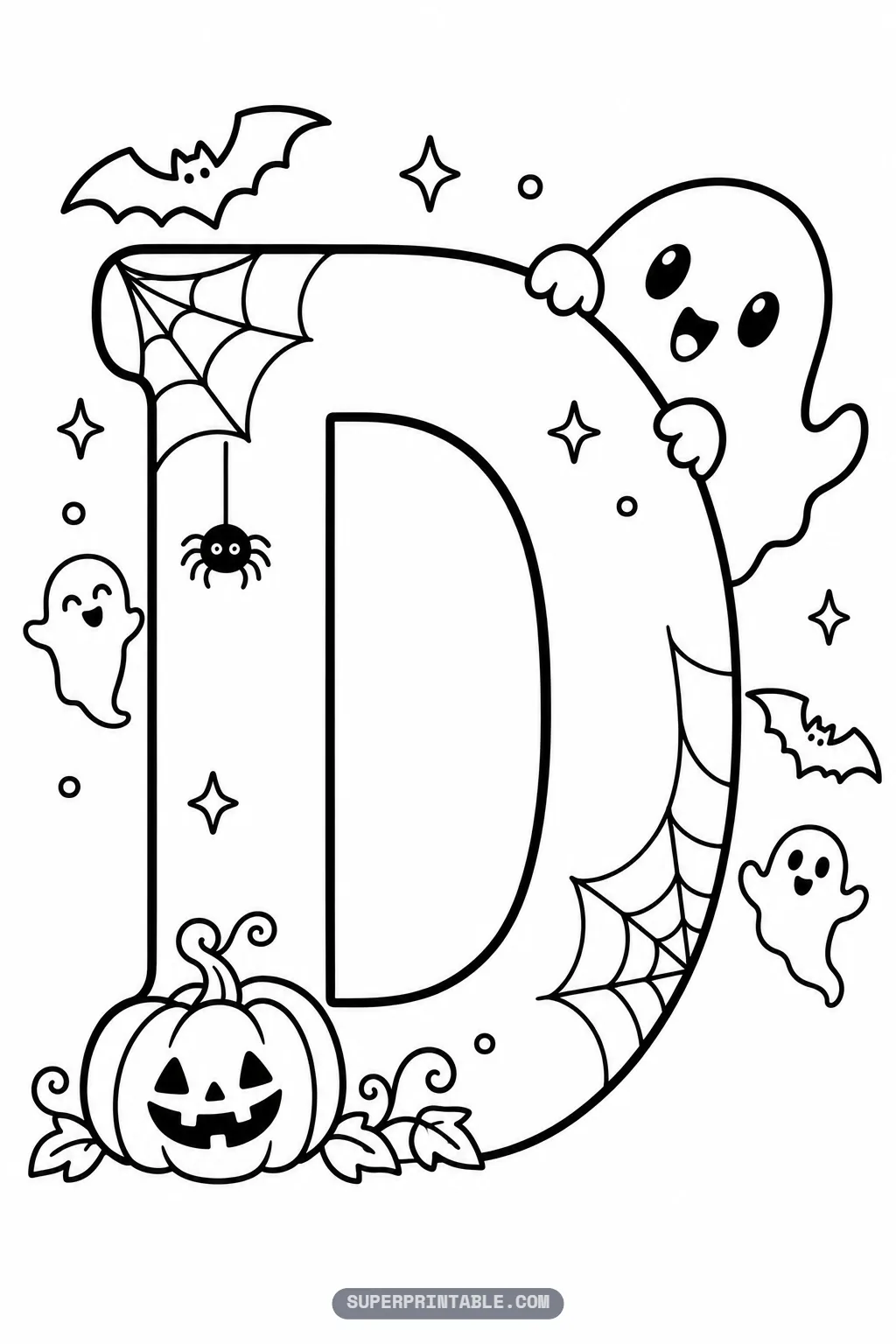 Spooky letter D coloring page featuring a smiling jack-o-lantern pumpkin, playful ghosts, and spiderwebs