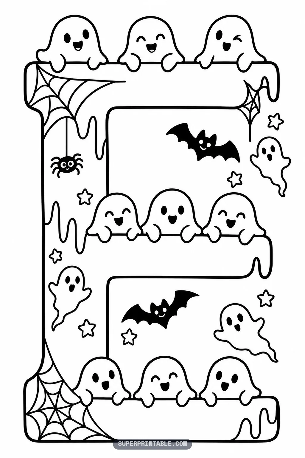 Halloween gothic letter E coloring sheet lined with nine cheerful baby ghosts, cobwebs, and cute bats