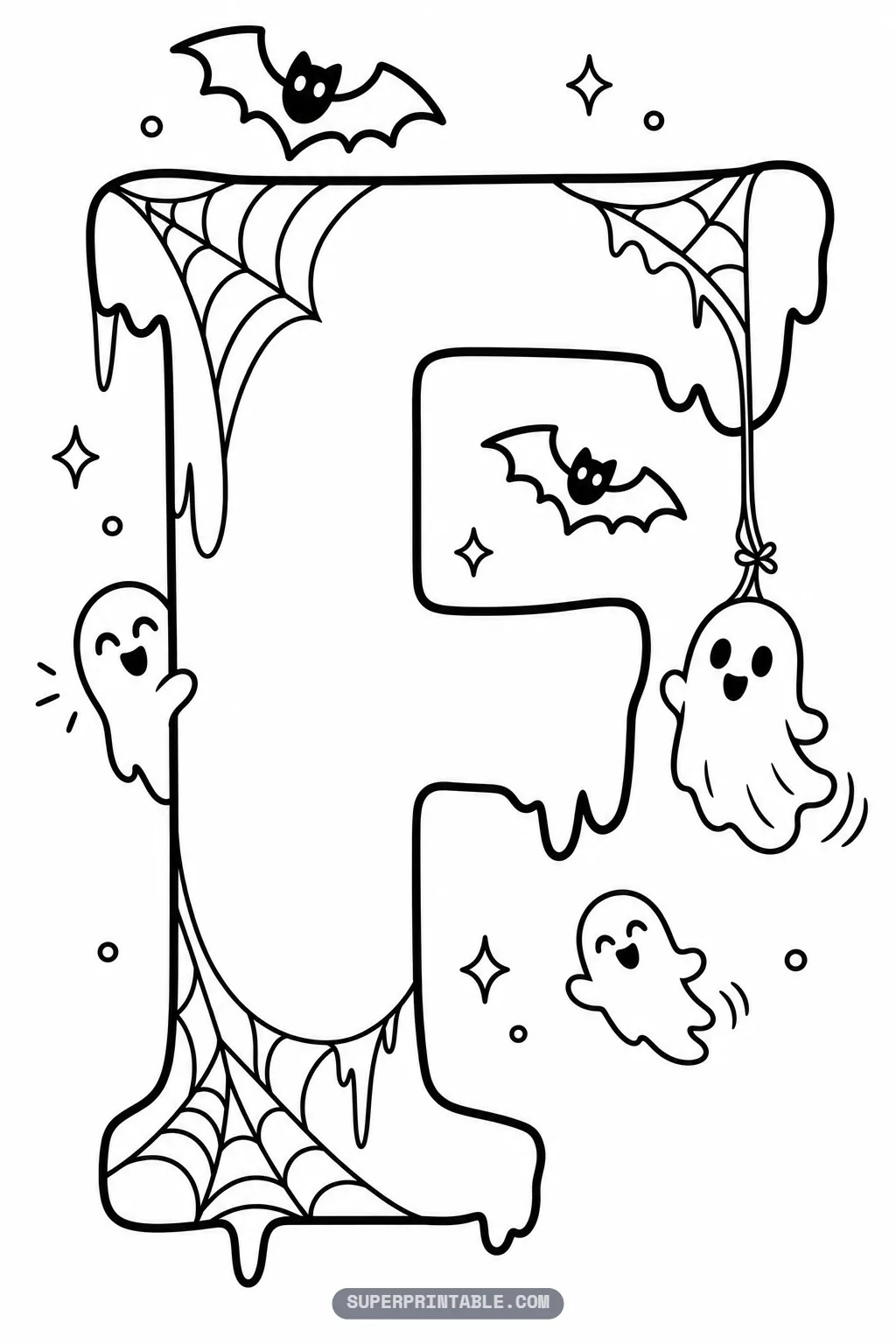 Dripping gothic letter F coloring page decorated with playful hanging ghost, bats, and webbed corners