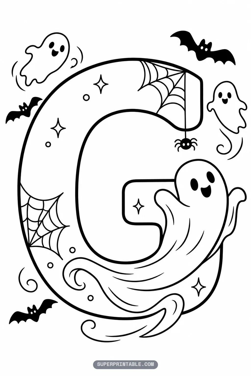 Halloween letter G coloring page with a large swooping ghost, hanging spider, fluttering bats, and stars