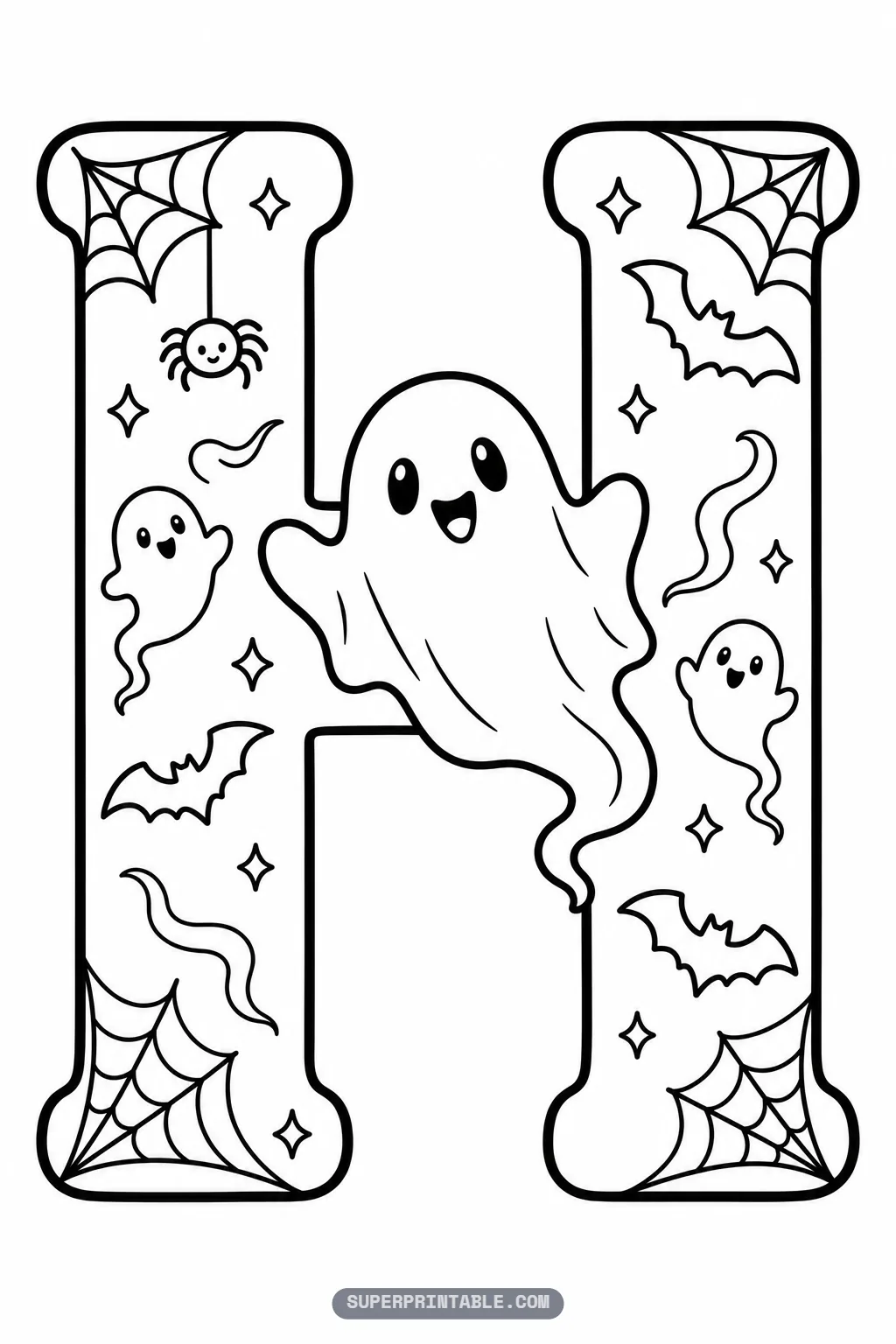 Gothic letter H coloring sheet with floating ghosts, corner spiderwebs, little bats, and twinkle stars
