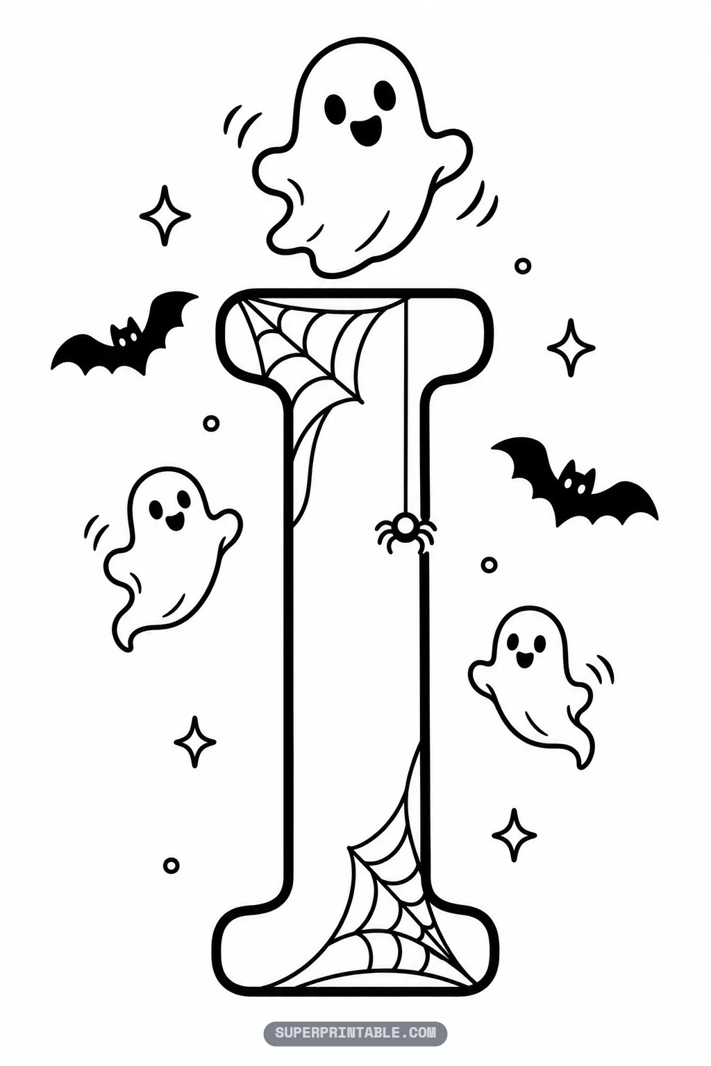 Spooky gothic letter I coloring page displaying cute floating ghost at the top with bats and spiderwebs