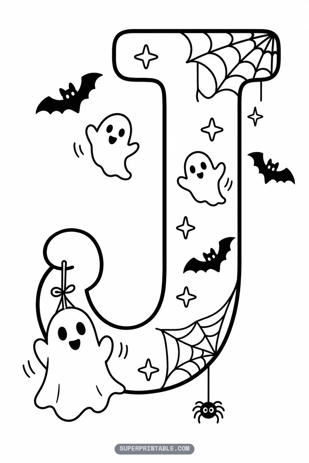 Halloween gothic letter J coloring page showing a playful ghost hanging from the bottom tail loop