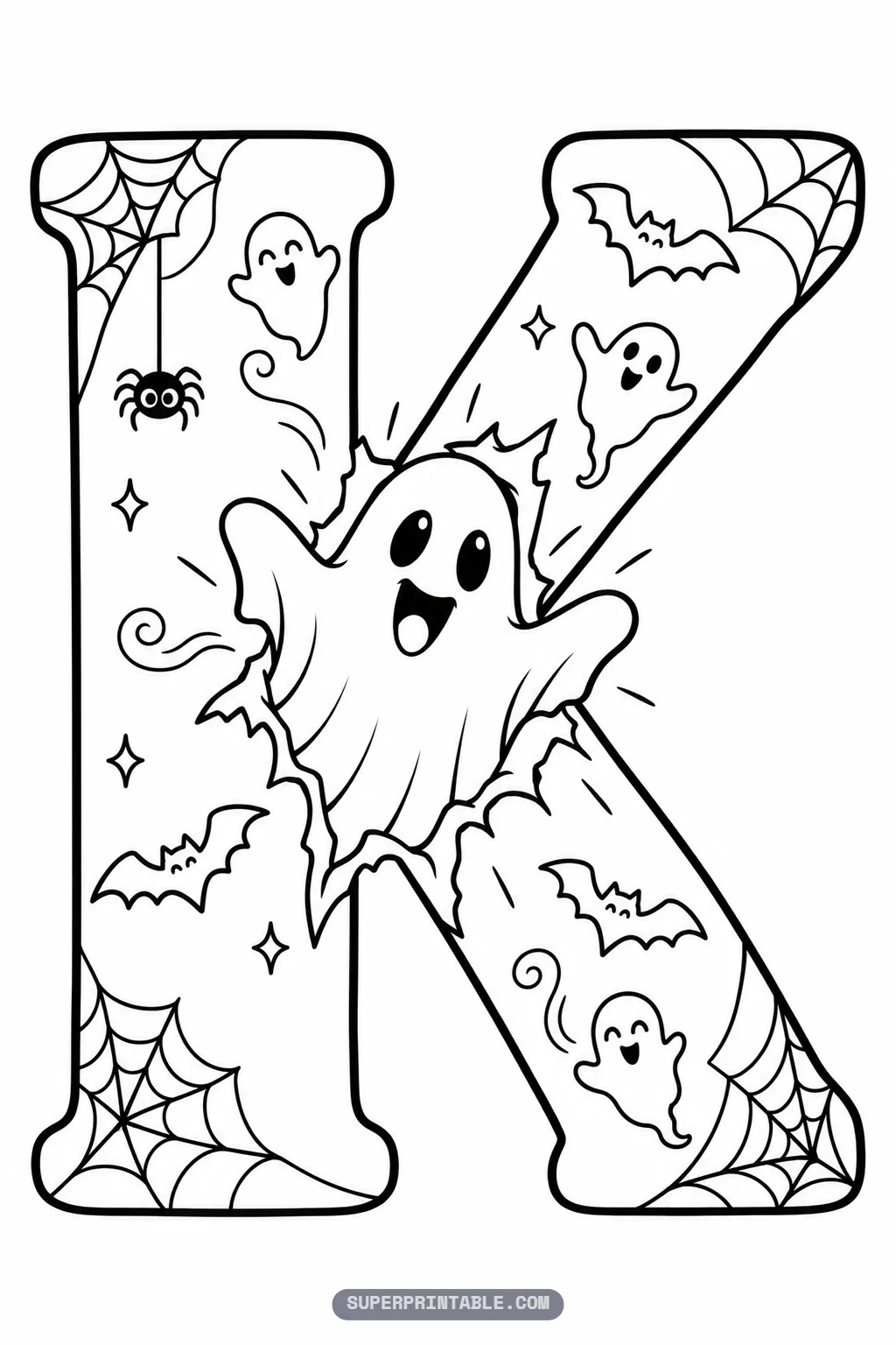 Exciting letter K coloring page featuring a cheerful ghost bursting through the center with bats and webs
