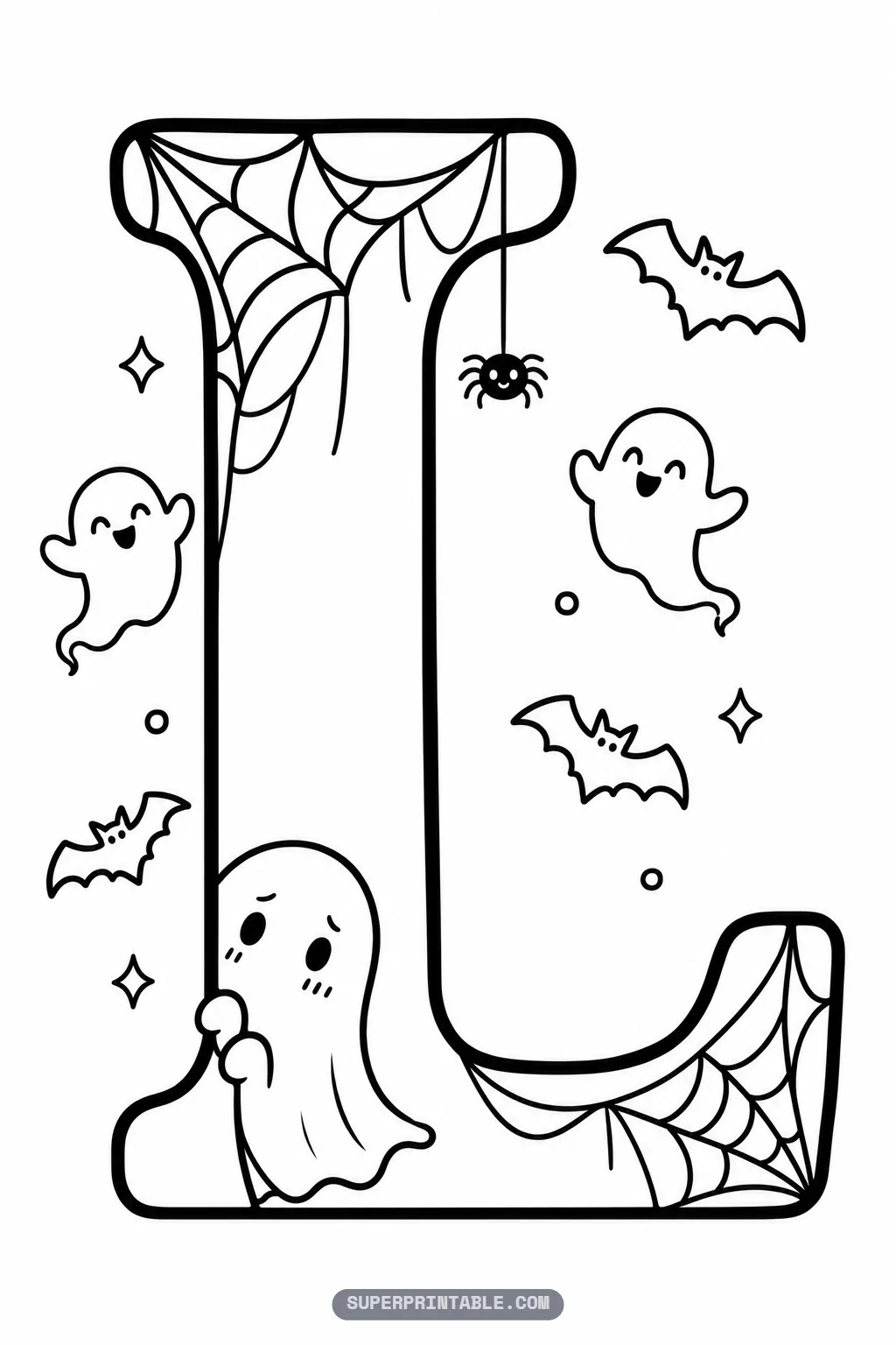 Cute gothic letter L coloring page with a shy blushing ghost peeking from behind the lower corner