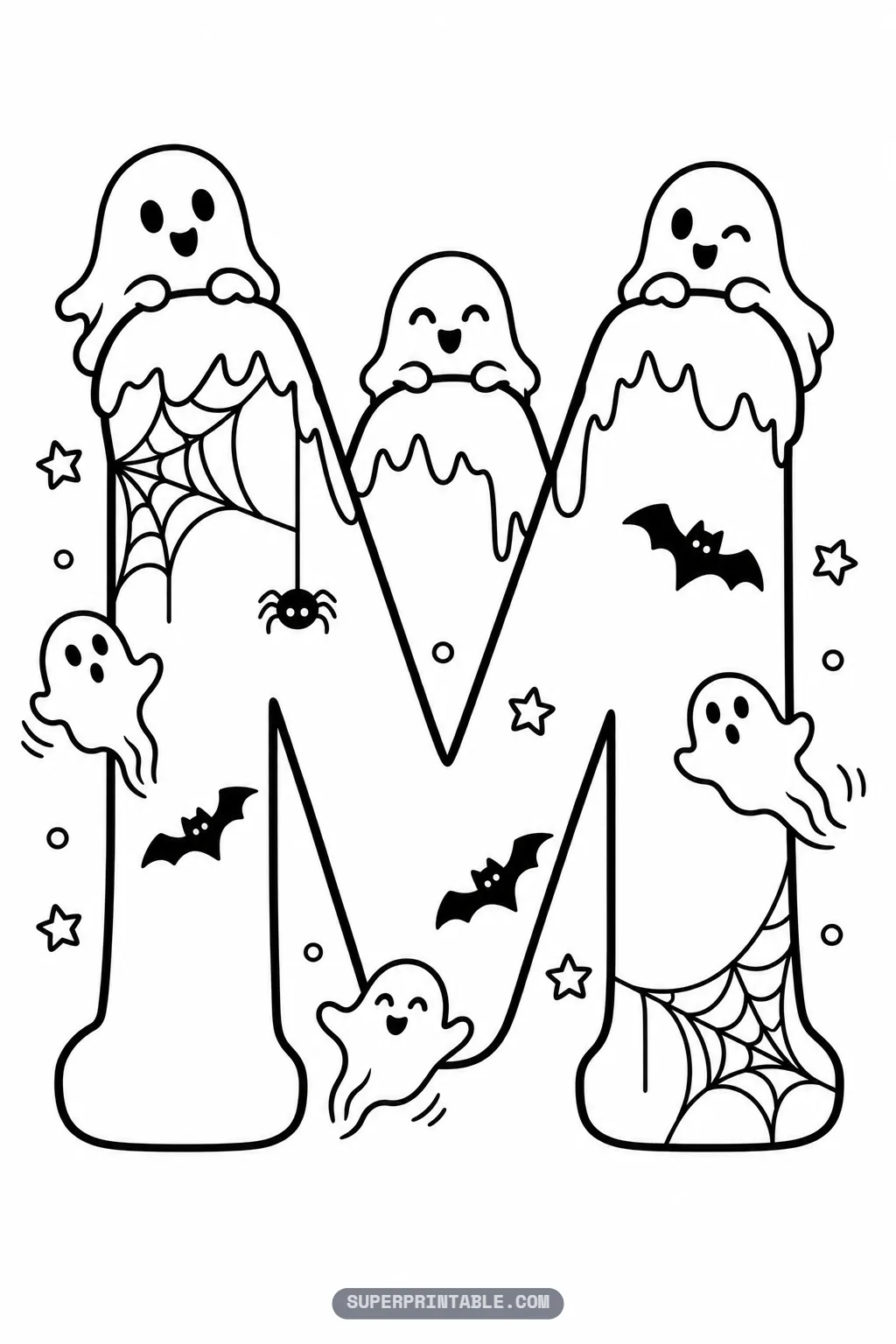 Gothic letter M coloring printable featuring three cute ghosts resting on drippy melted peaks with bats