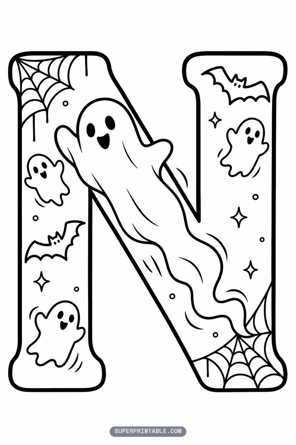 Halloween letter N coloring page with a swooping ghost tracing the diagonal line, bats, and cobwebs