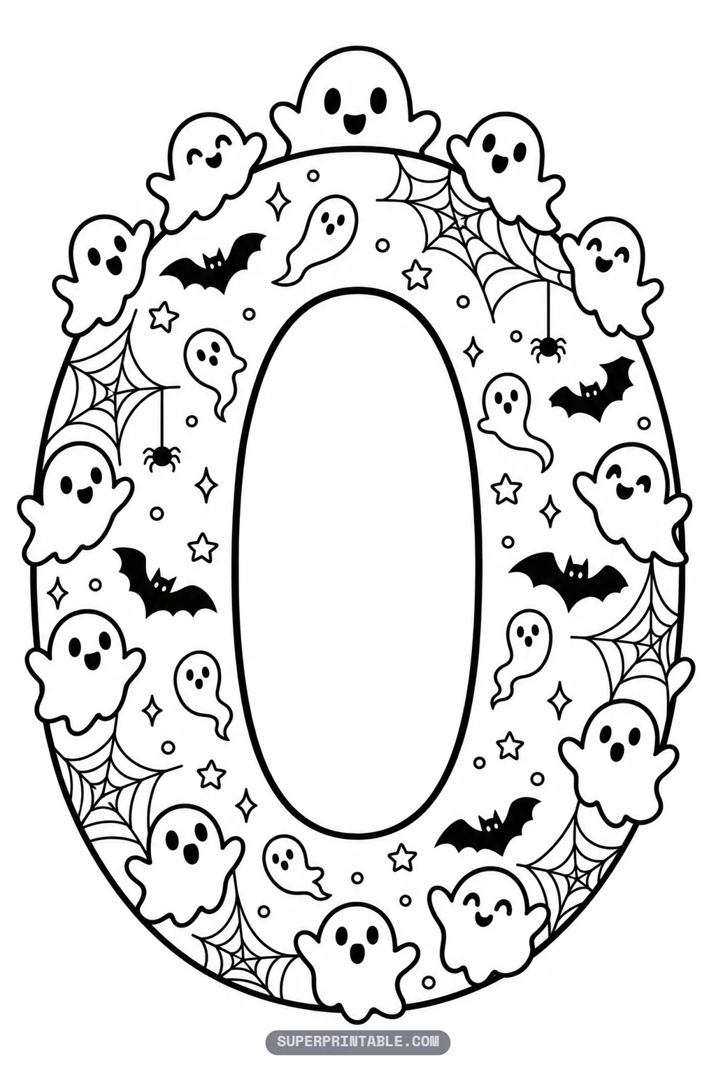 Ornate gothic letter O coloring page framed by a lively ring of cheerful ghosts, bats, and spiderwebs