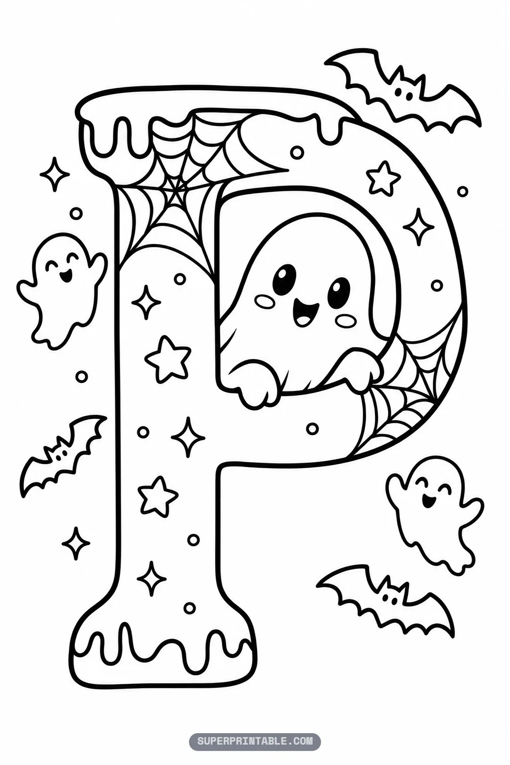 Gothic letter P coloring sheet with a large smiling ghost nestled inside the round upper counter loop
