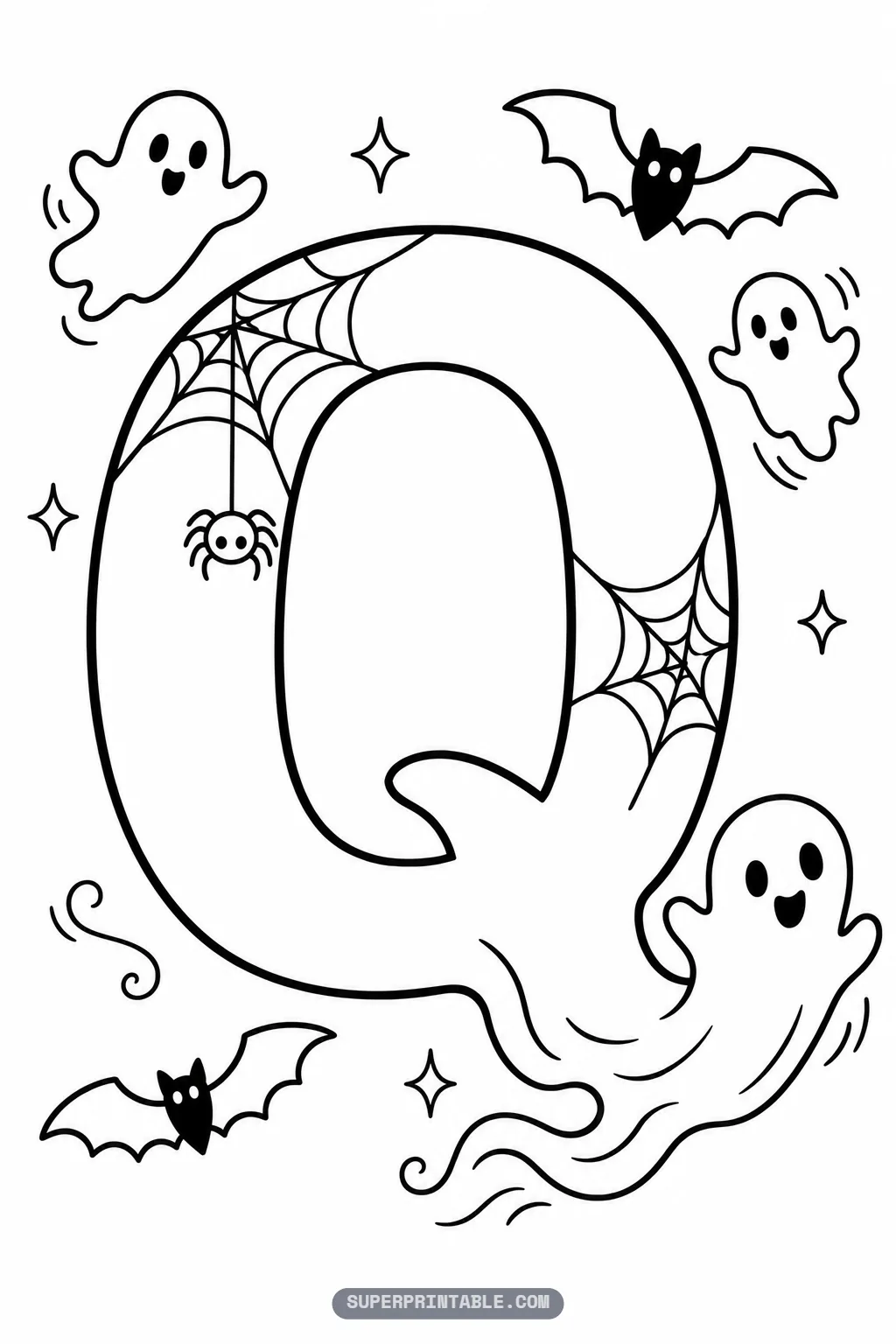 Playful letter Q coloring page featuring a swirling ghost shaping the bottom tail, bats, and web accents