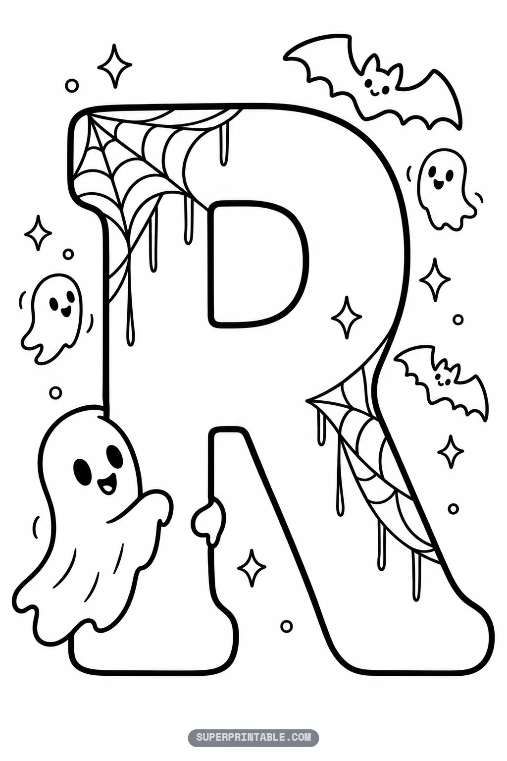 Gothic letter R coloring printable showing a happy ghost hugging the left stem beside flying bats