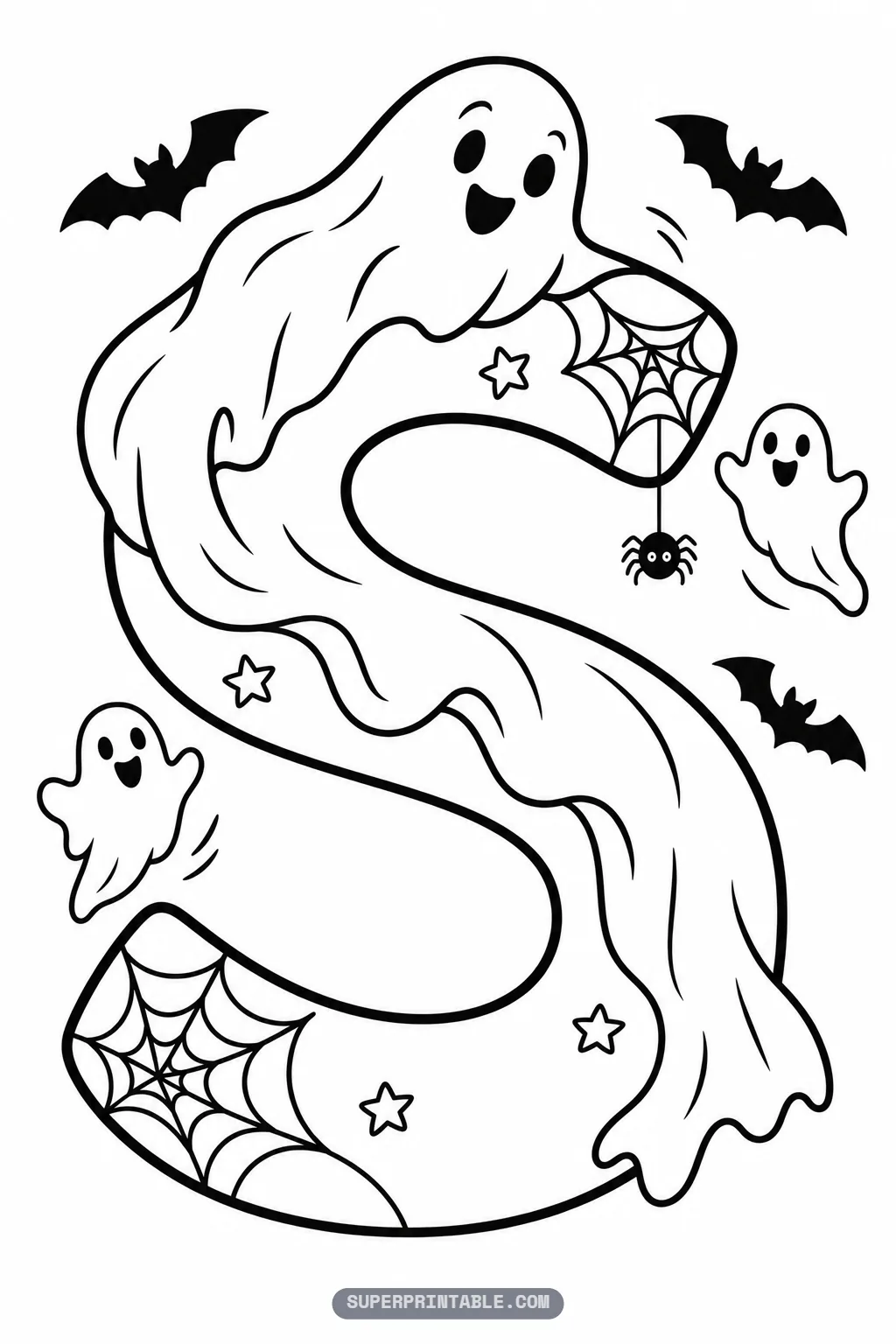 Spooky curvy letter S coloring page draped with a long swooping ghost, hanging spider, and twinkling stars