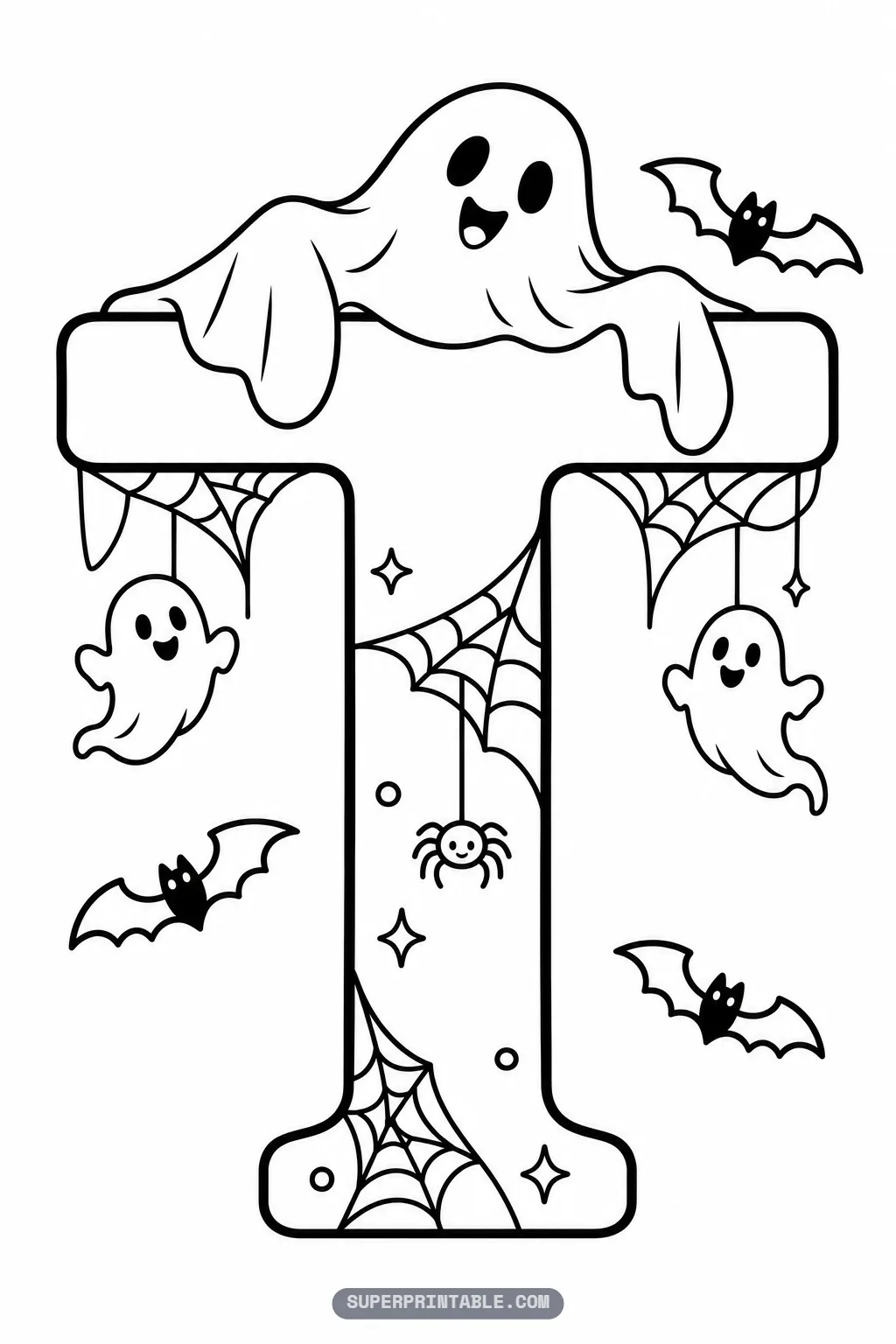 Gothic letter T coloring page with a wide ghost draped over the top bar, suspended ghosts, and bats