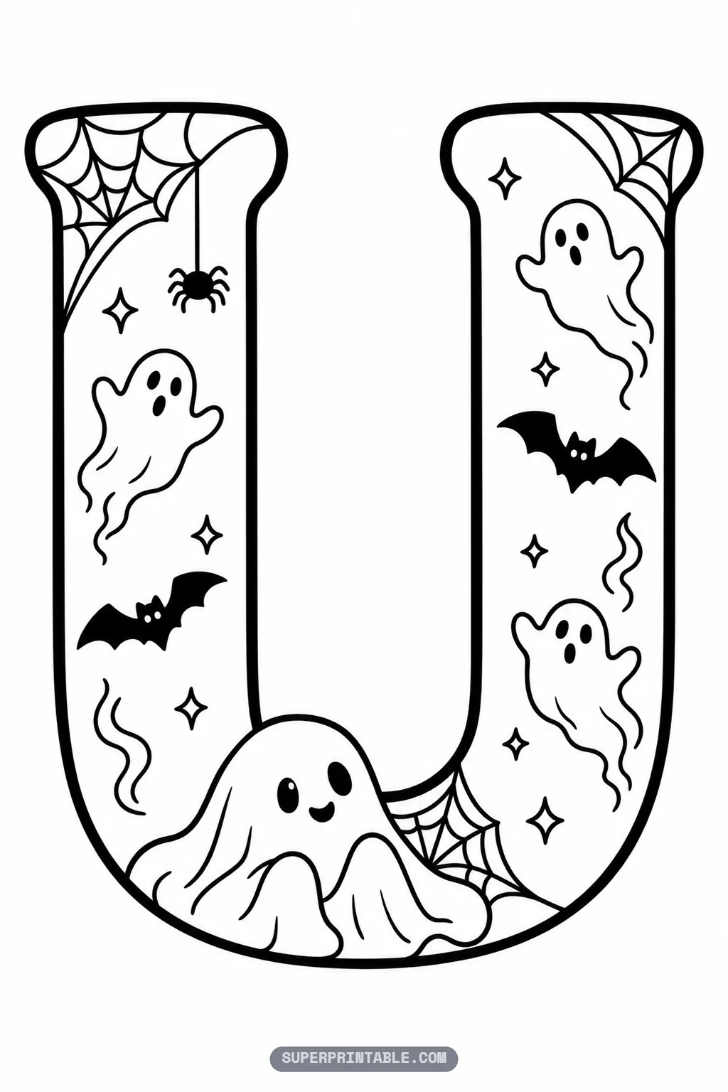 Cute letter U coloring sheet featuring a friendly ghost settled in the bottom curve with flying bats