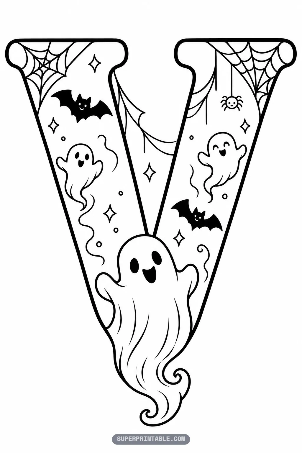 Gothic letter V coloring page featuring an enthusiastic ghost emerging from the center point with webs