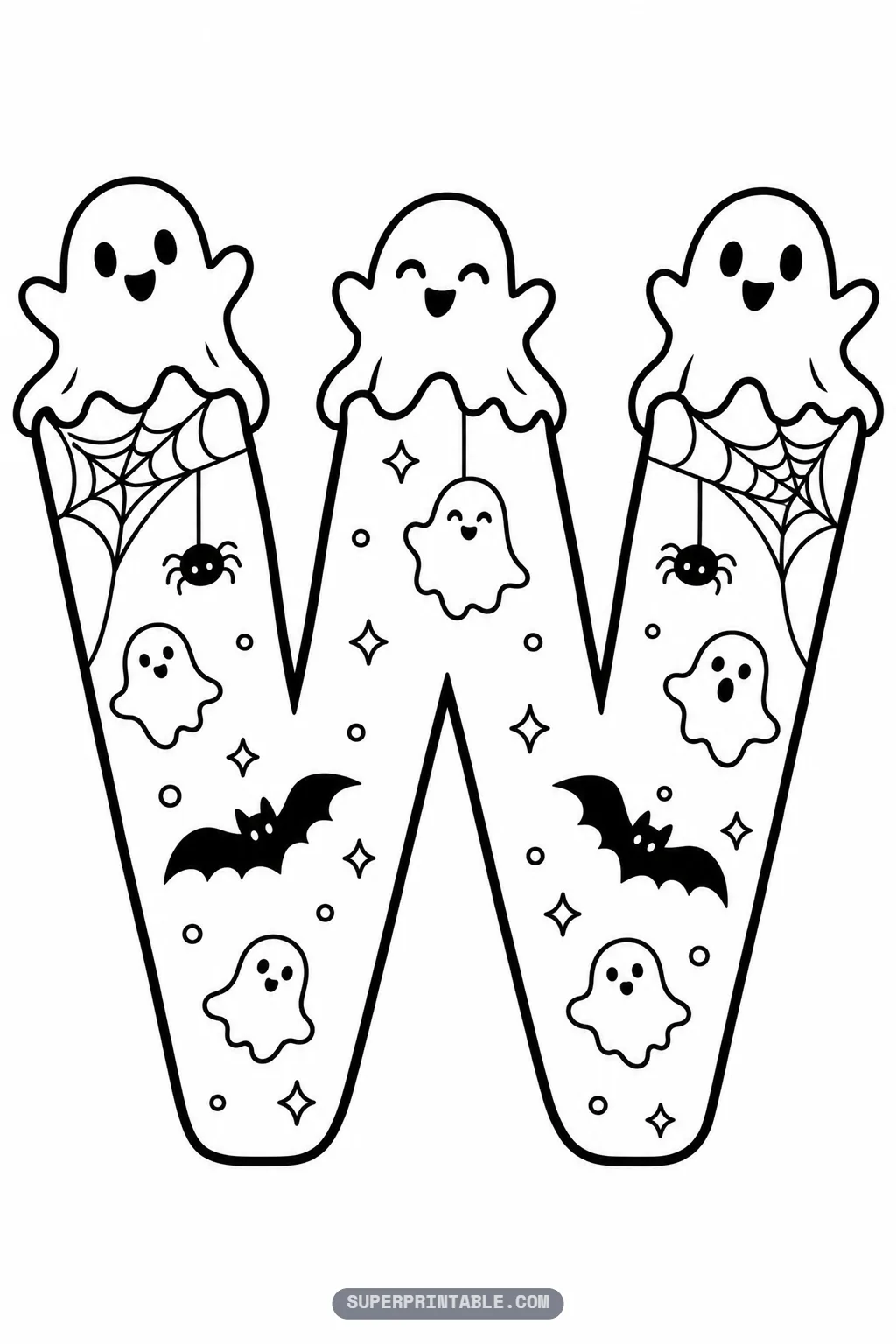 Charming gothic letter W coloring page with three ghost buddies sitting on the top three peaks