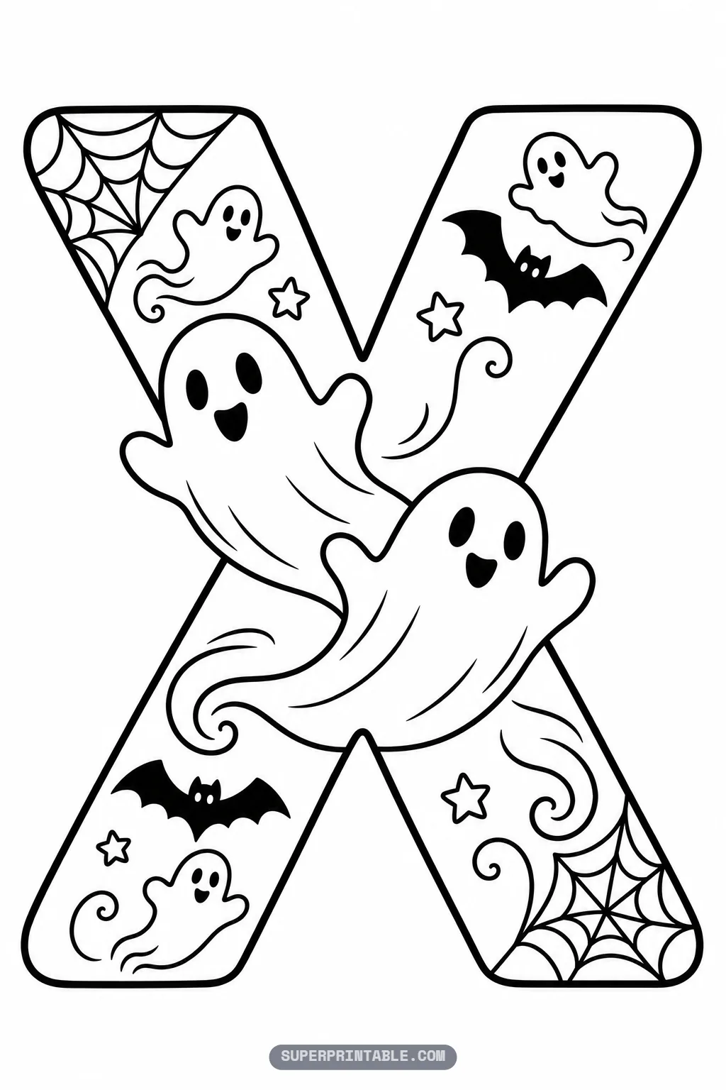Halloween letter X coloring sheet with two joyful ghosts crossing in flight, bats, and spiderweb accents