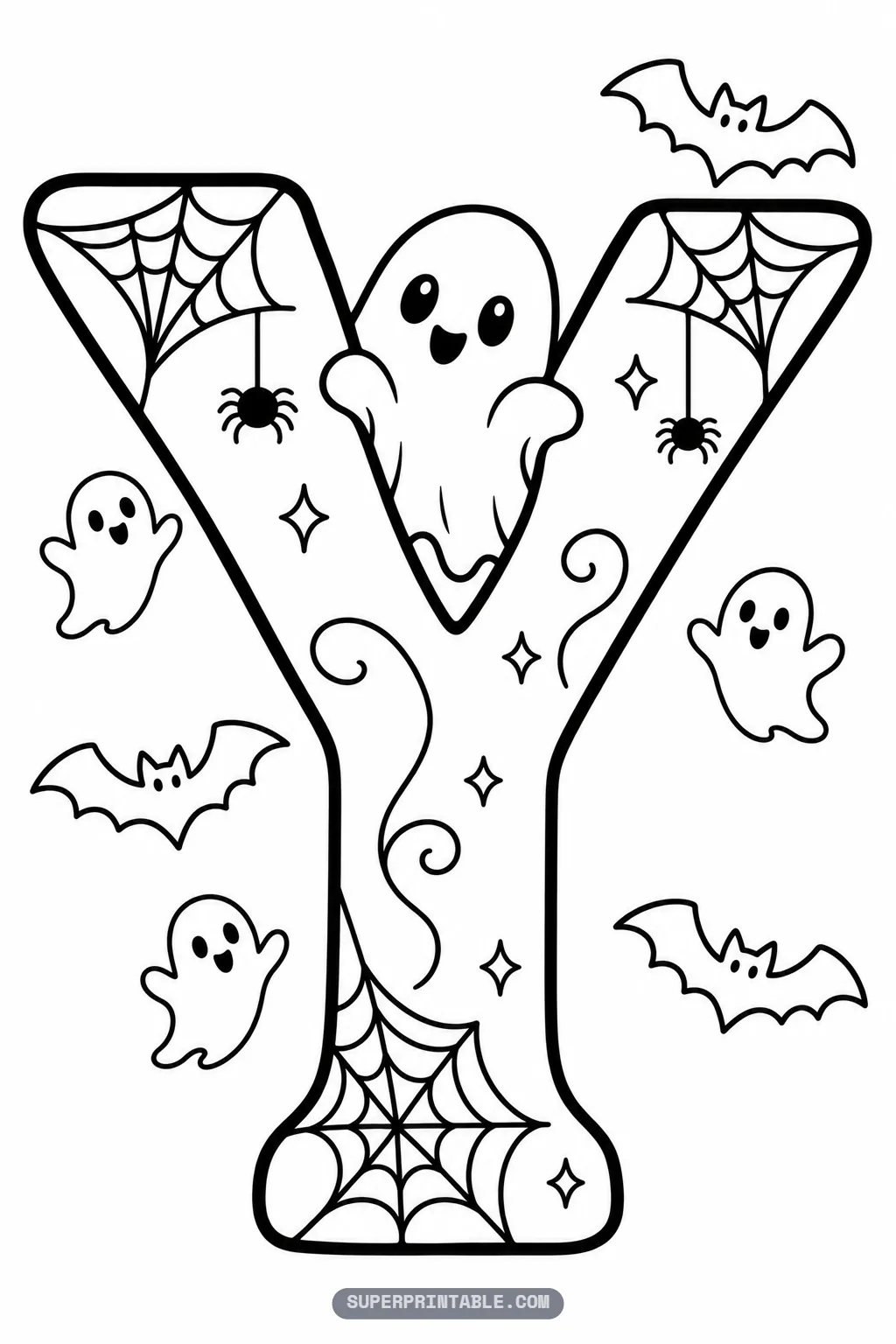 Gothic letter Y coloring page with a cute ghost sitting in the center fork, hanging spiders, and bats