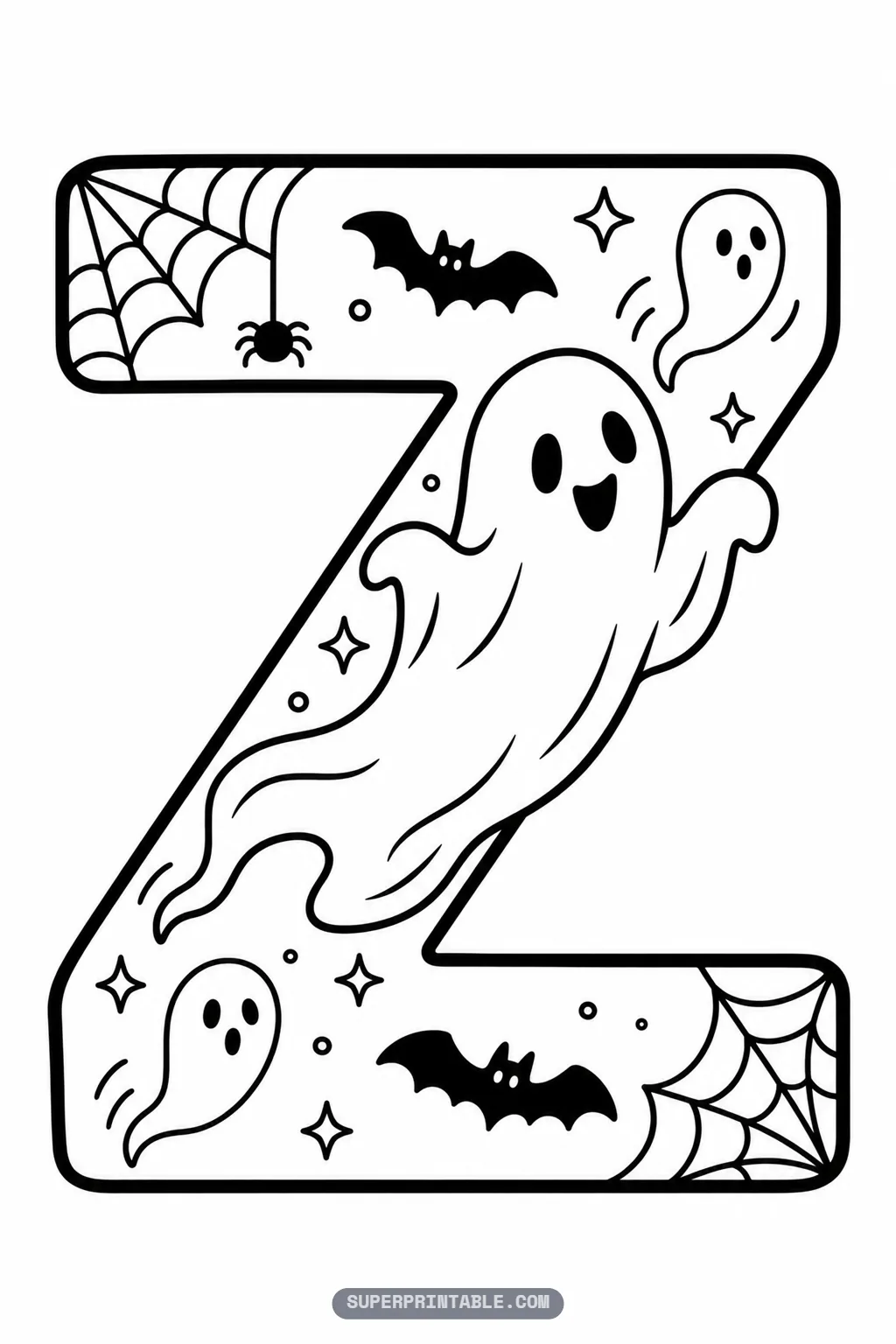 Fun gothic letter Z coloring page featuring a large swooping ghost gliding across the diagonal stem