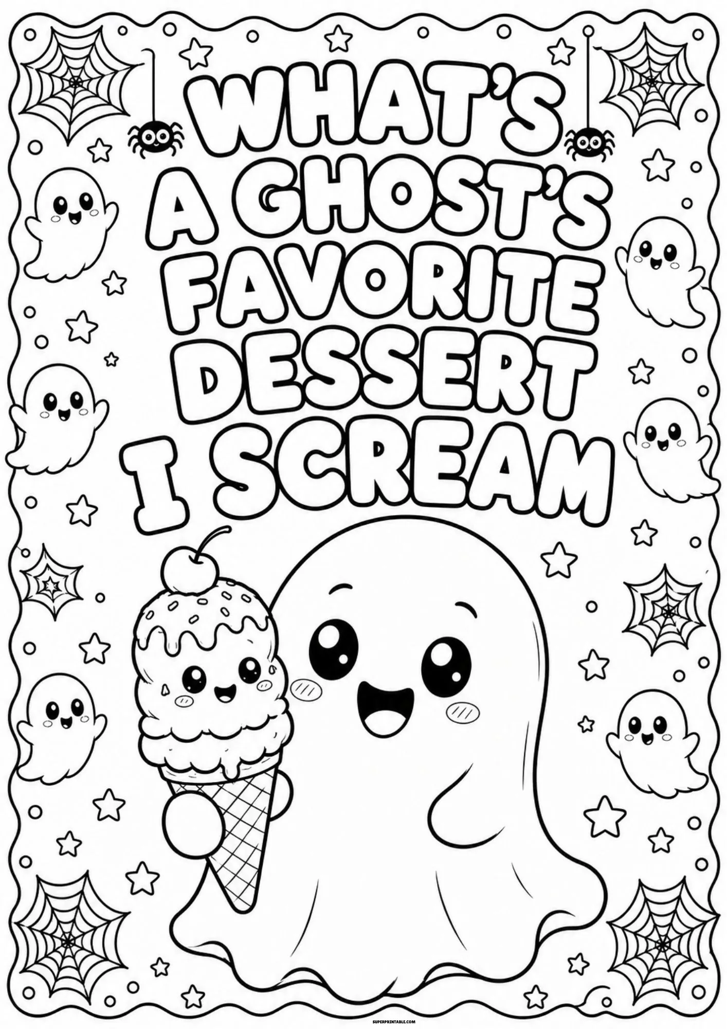Friendly ghost holding a multi scoop ice cream cone with a cherry.