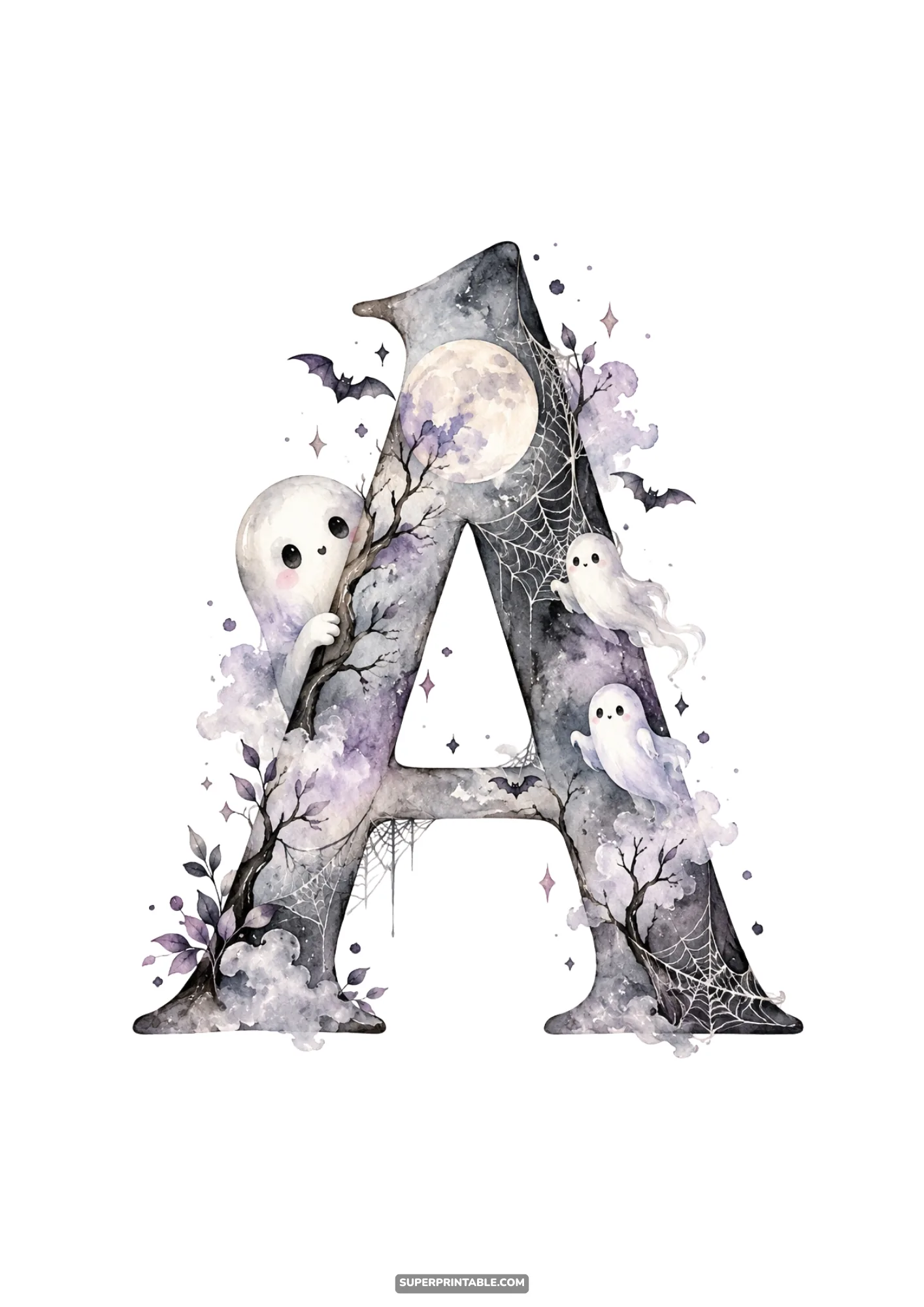 Watercolor monogram letter A adorned with friendly ghosts, glowing moon, and bat silhouettes