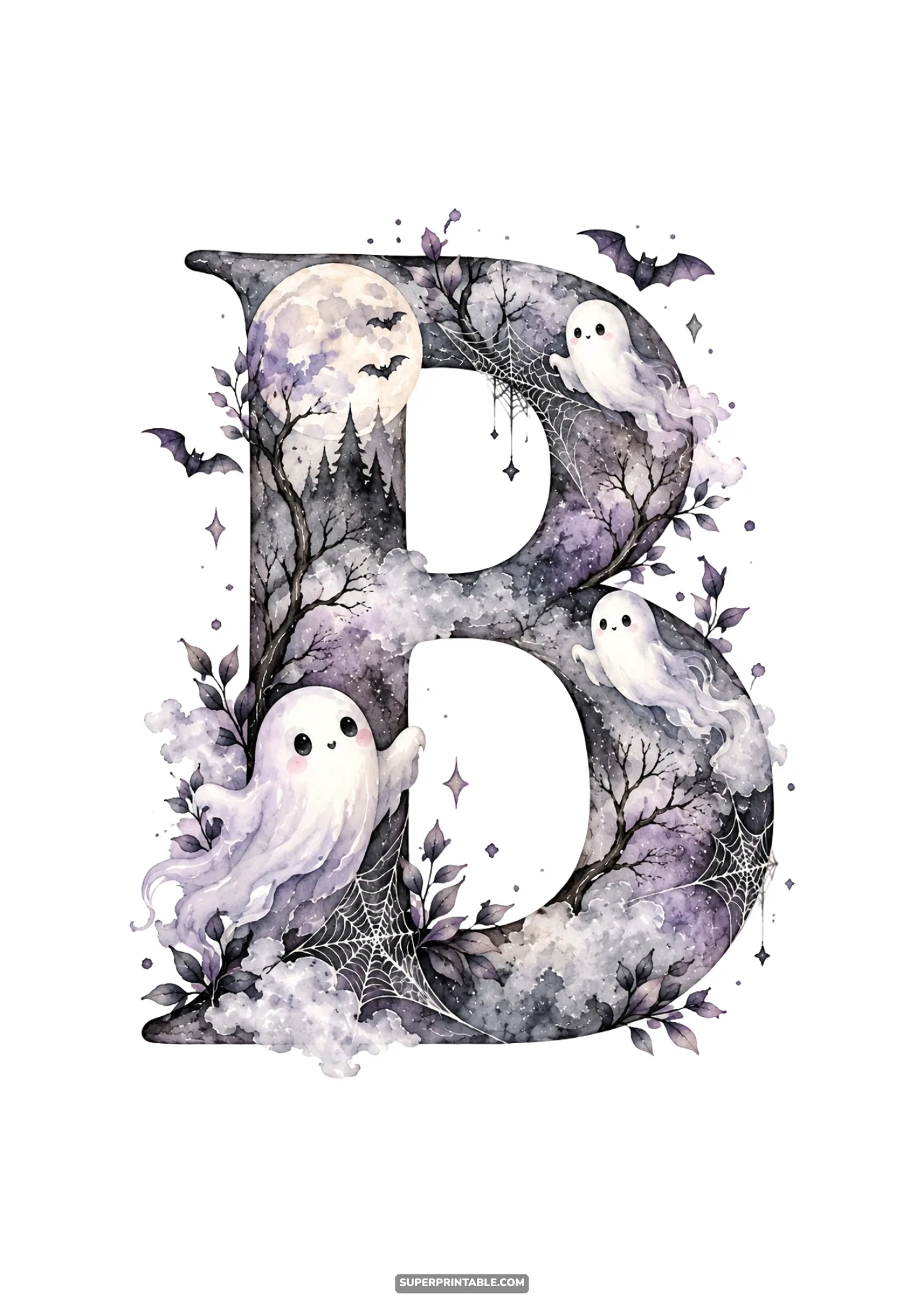 Watercolor monogram letter B featuring three smiling ghosts, full moon, and cobwebs